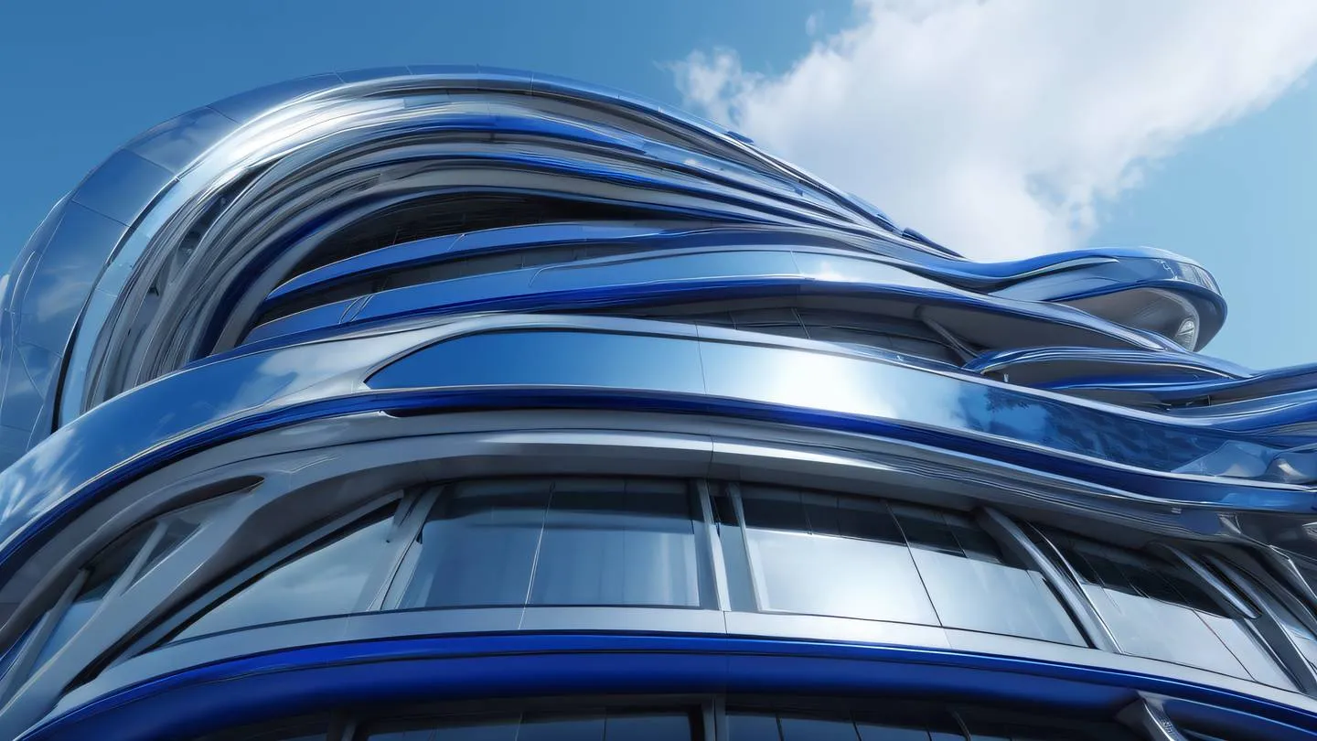 A futuristic architectural structure with flowing curves and interconnected elements dominated by bright cobalt blue and chrome accents shot from a dramatic low angle perspective showing the building reaching towards the sky high-quality ultra-realistic cinematic 8K UHD high resolution sharp and detail