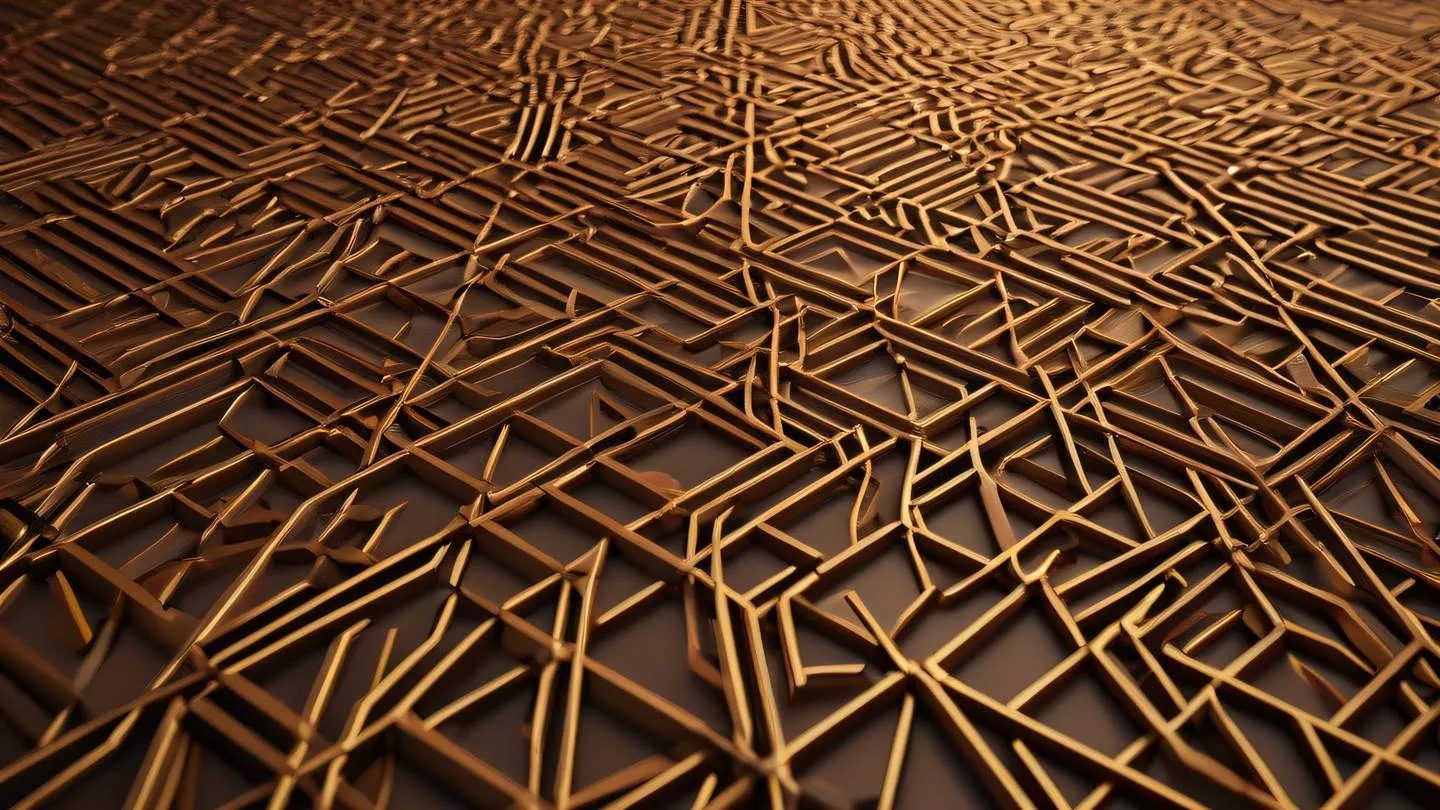 Elegant geometric network pattern with interconnected nodes featuring bright walnut brown and golden accents against a warm umber background photographed from a 45-degree angle perspective high-quality ultra-realistic cinematic 8K UHD high resolution sharp and detail