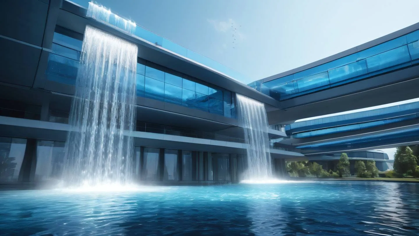 Modern architectural composition with flowing water elements and reflective surfaces featuring bright electric blue and silver tones captured from a wide-angle perspective highlighting the structure's grandeur high-quality ultra-realistic cinematic 8K UHD high resolution sharp and detail