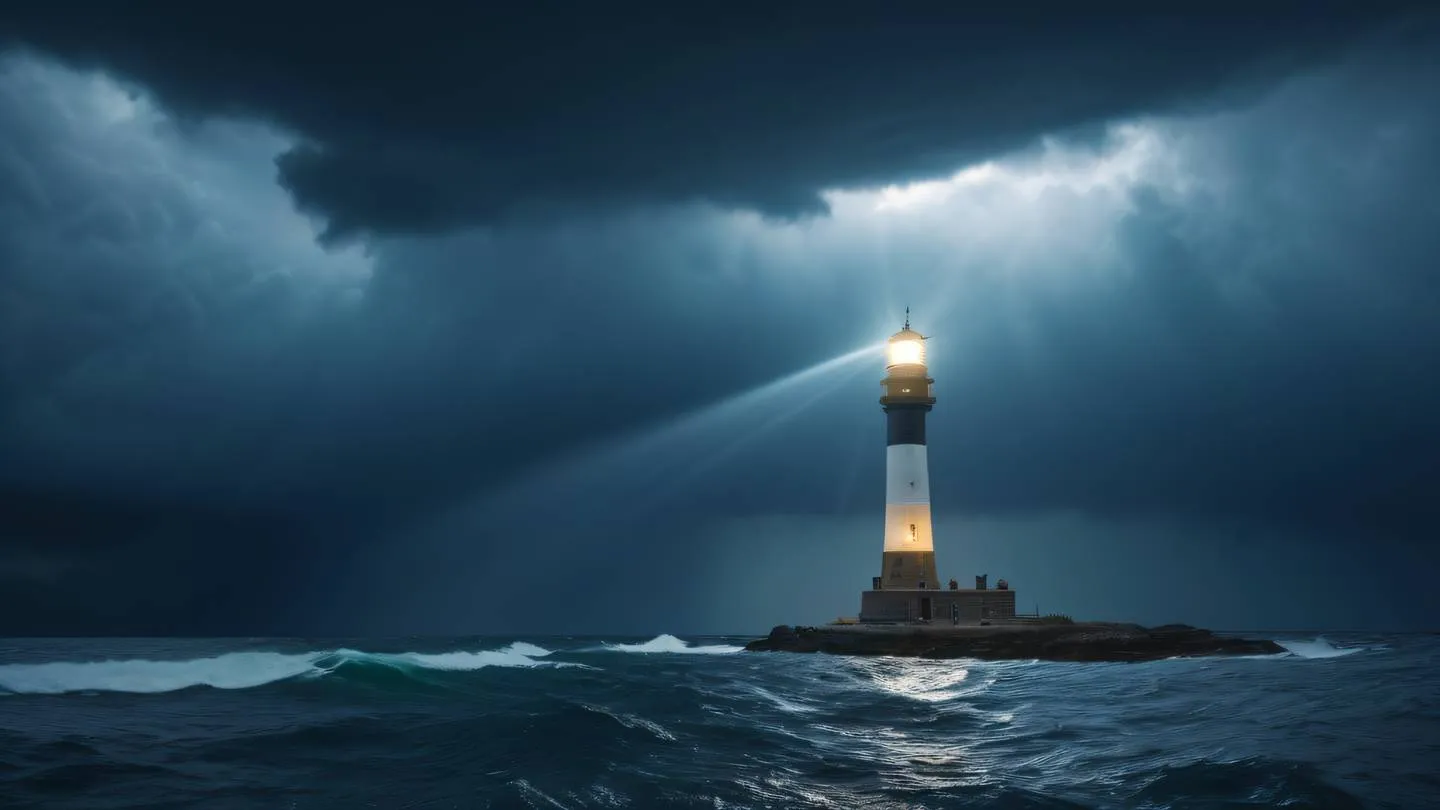 Epic wide-angle view of a lighthouse beam cutting through storm clouds dramatic sky with amber and stone blue colors powerful rays of light piercing through dark clouds cinematic composition 8K ultra-realistic high resolution sharp details