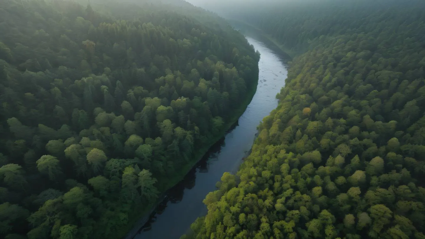 Aerial view of a meandering river cutting through a misty forest landscape morning light creating natural golden highlights maroon and seaweed tones in the vegetation bird's eye perspective high-quality ultra-realistic cinematic 8K