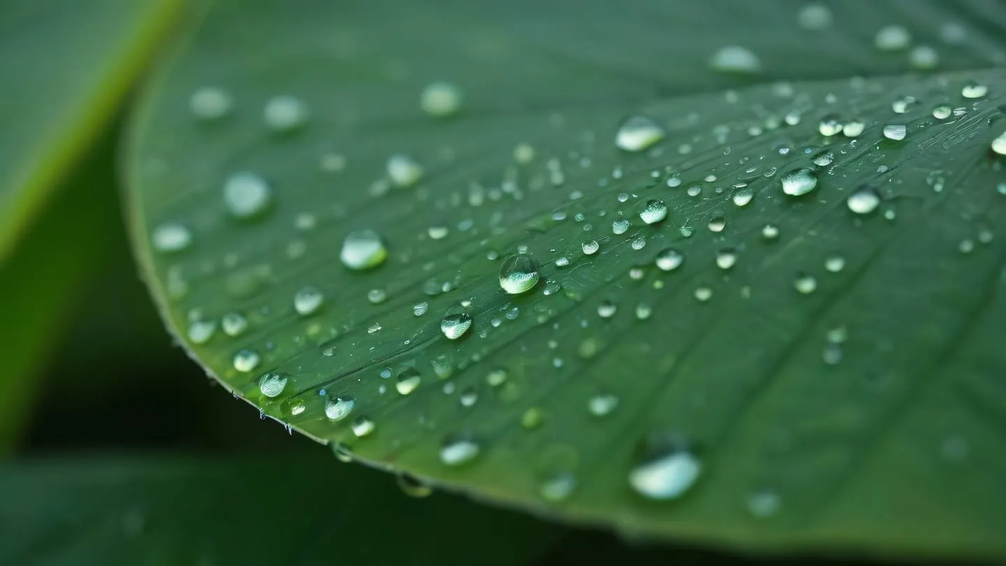 Close-up macro shot of morning dew drops on a leaf natural soft lighting amber and stone blue reflections in water droplets shallow depth of field high-quality ultra-realistic cinematic 8K UHD