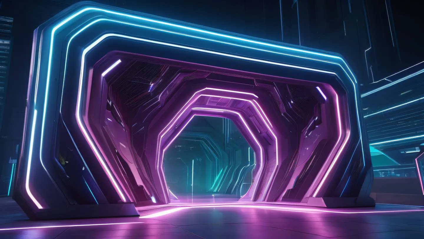 A futuristic security gateway with geometric patterns flowing with energy streams in iridescent colors viewed from a low angle perspective architectural details with clean lines and smooth surfaces high-quality ultra-realistic cinematic 8K UHD high resolution sharp and detail