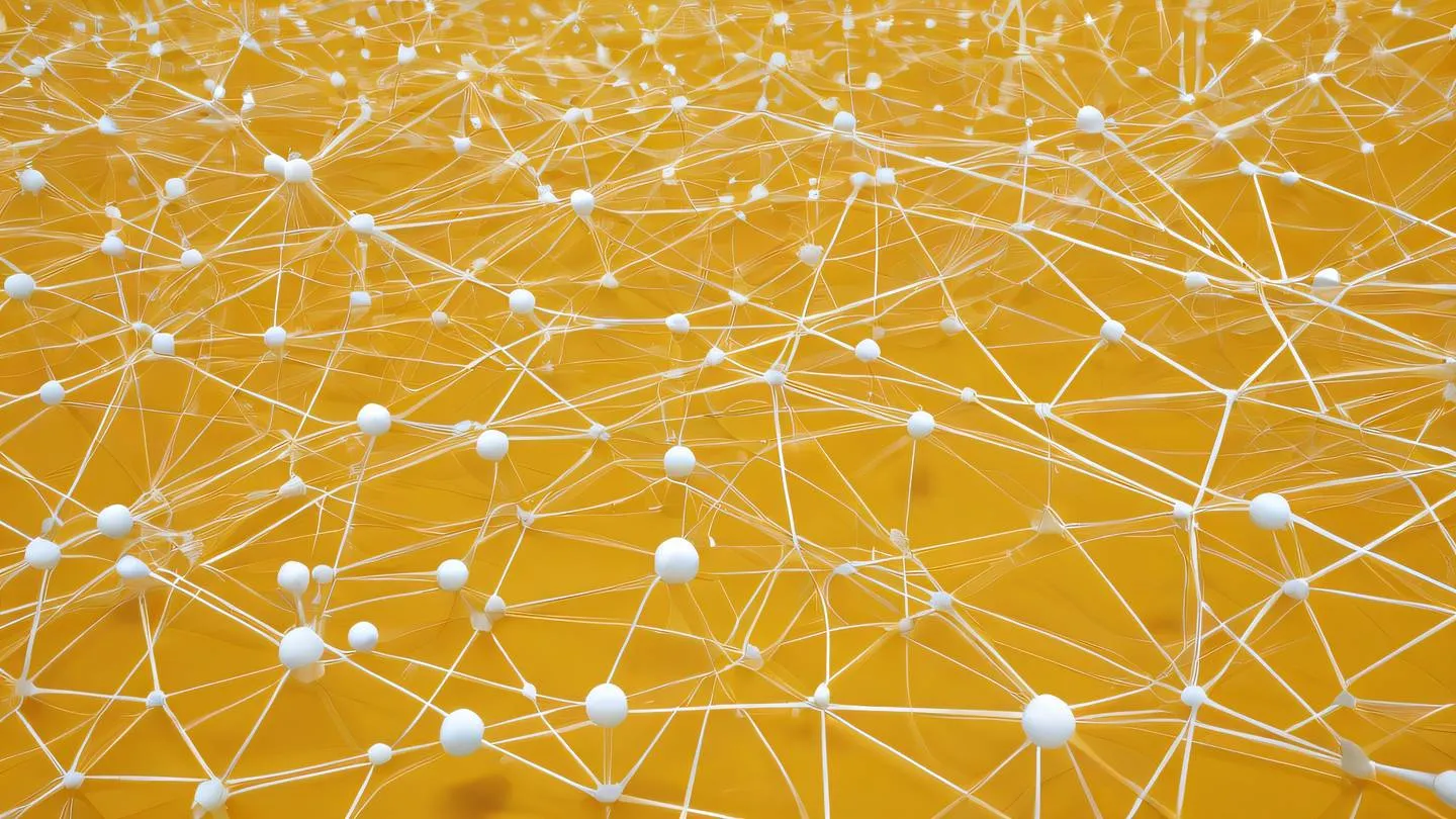 Abstract representation of interconnected nodes forming a secure network geometric shapes floating in space with butterscotch yellow and white color scheme clean modern design captured from bird's eye view high-quality ultra-realistic cinematic 8K UHD high resolution sharp and detail