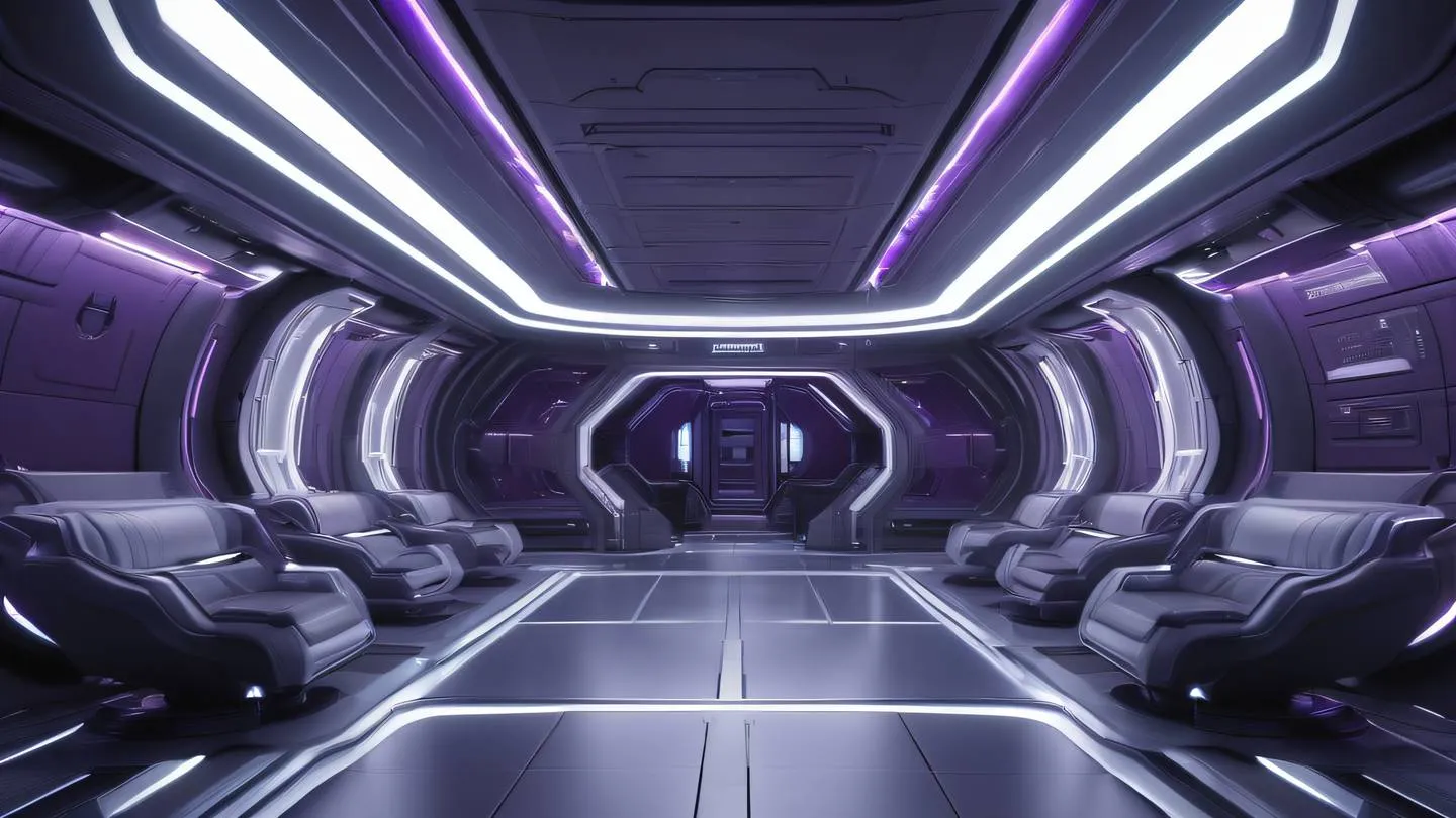 Modern minimalist space station interior with sleek metallic surfaces and ambient lighting in amethyst and silver tones photographed from a straight-on perspective architectural elements with curved lines high-quality ultra-realistic cinematic 8K UHD high resolution sharp and detail