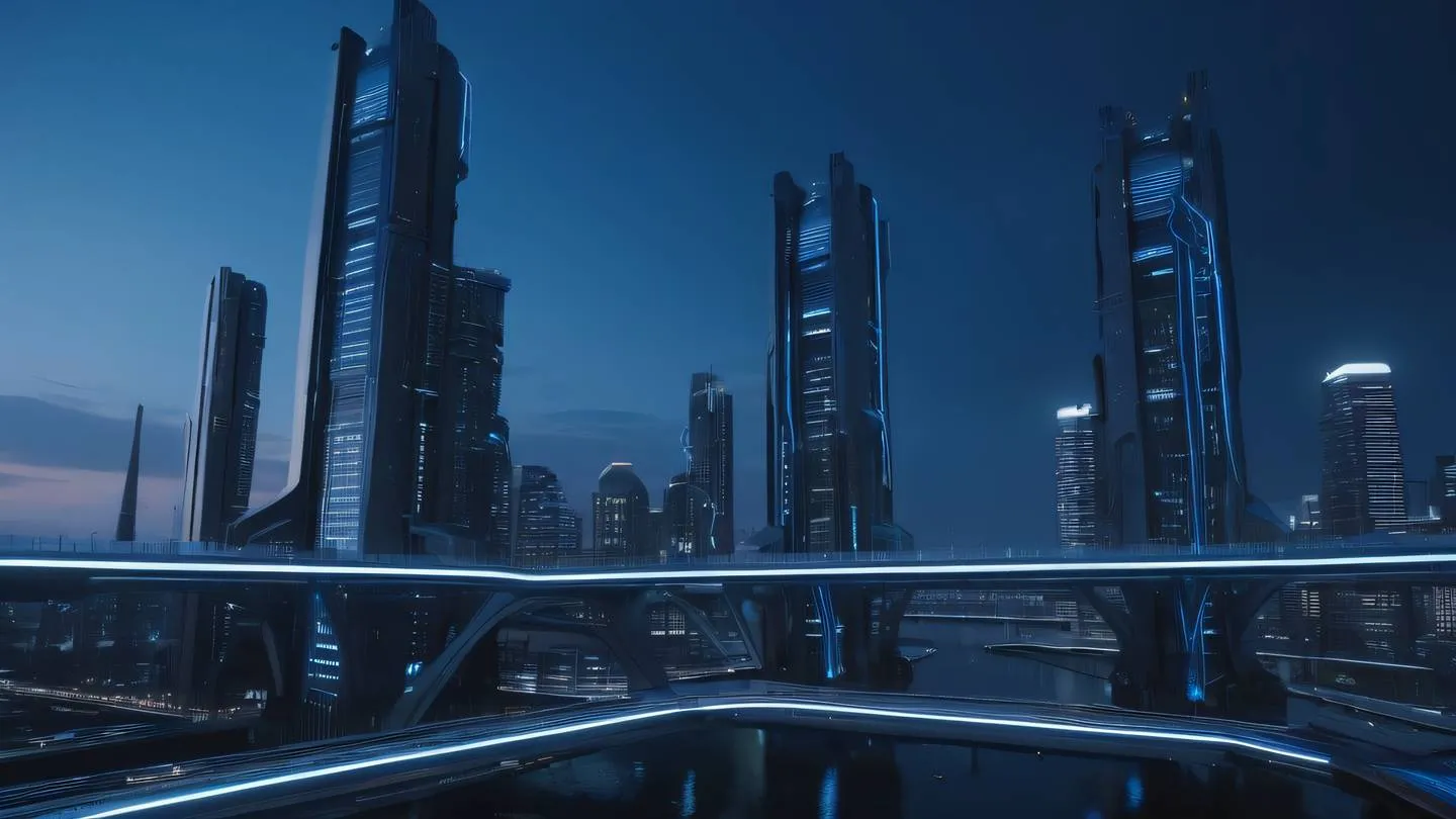 Futuristic cityscape at twilight with floating platforms and energy bridges black and cool blue color scheme with accent lights captured from a dramatic upward angle architectural masterpiece with flowing lines high-quality ultra-realistic cinematic 8K UHD high resolution sharp and detail