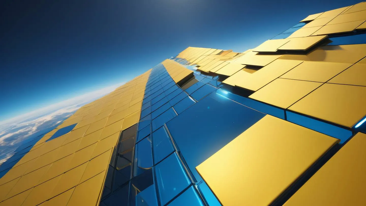 A minimalist tech landscape featuring geometric shapes floating in space rendered in sunshine yellow and sapphire blue gradients ultra-realistic textures with metallic reflections shot from a low angle perspective high-quality ultra-realistic cinematic 8K UHD high resolution sharp and detail