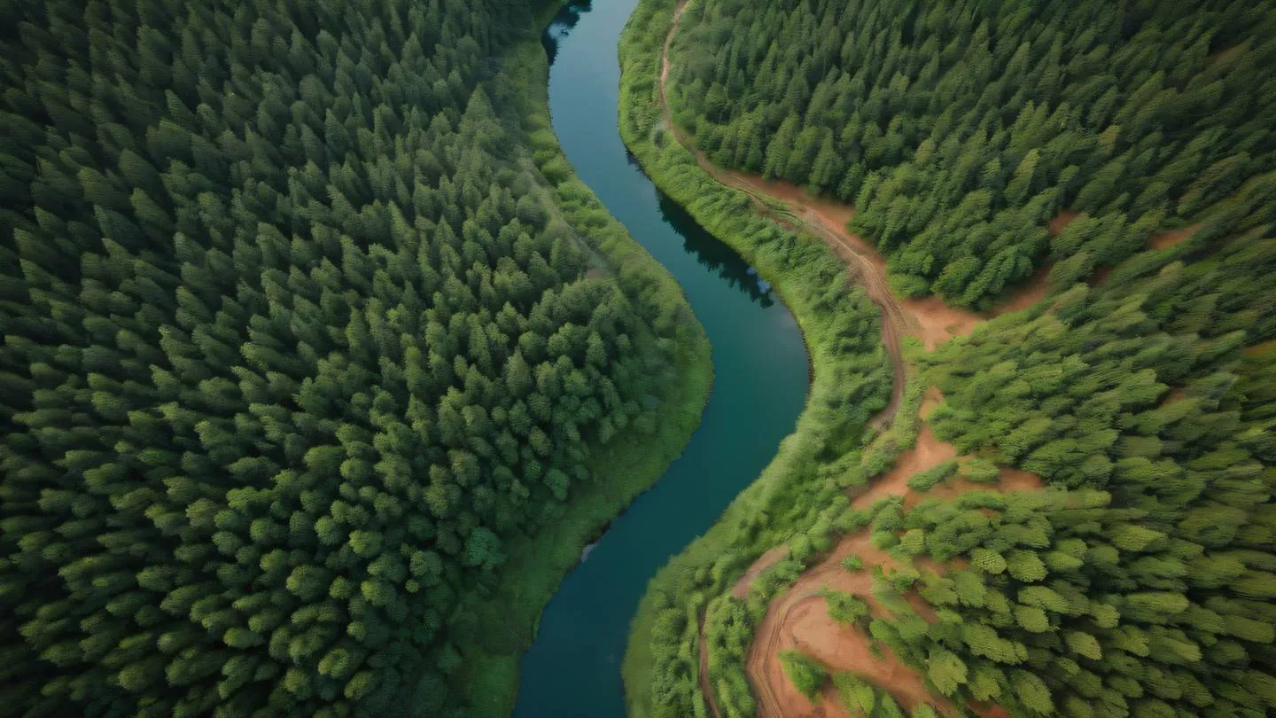 Aerial view of winding river patterns through natural landscape featuring rustic terracotta and forest green colors captured from top-down perspective high-quality ultra-realistic cinematic 8K UHD high resolution sharp and detail