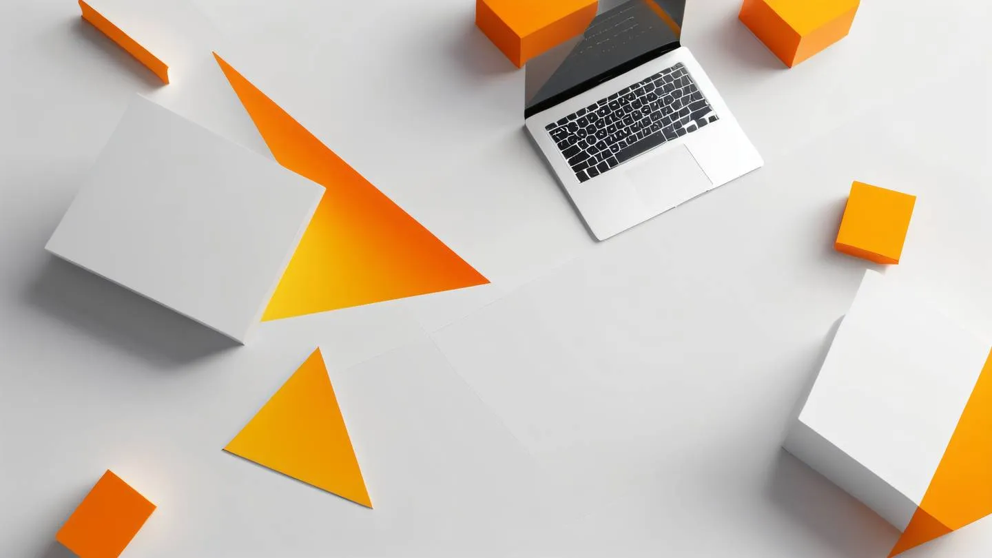 A modern minimalist workspace with floating geometric shapes clean lines and smooth surfaces featuring bright orange and yellow gradient patterns captured from a top-down perspective high-quality ultra-realistic cinematic 8K UHD high resolution sharp and detail