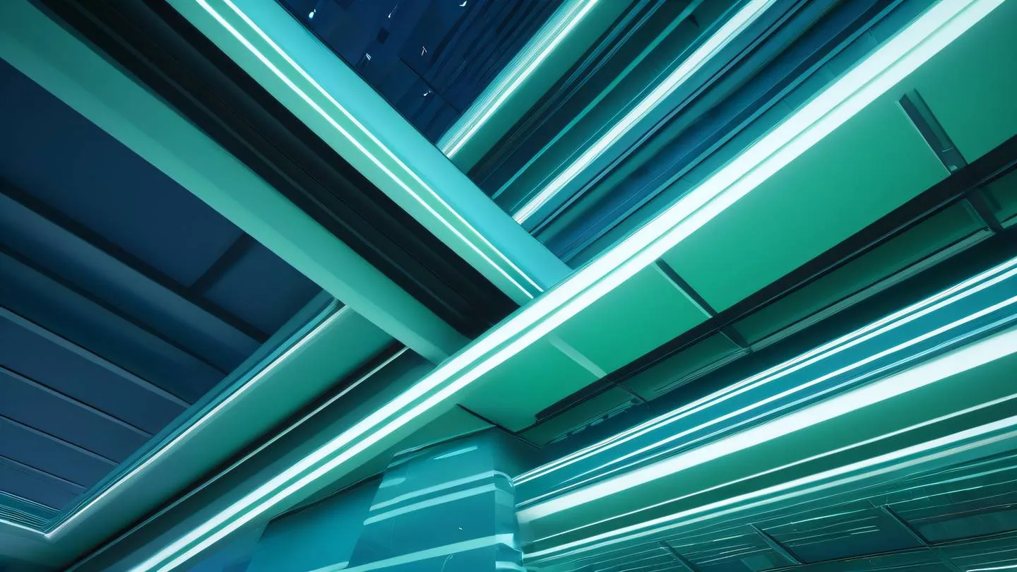 Abstract architectural composition with flowing blue and green gradients featuring layered geometric patterns and clean intersecting lines shot from a low angle perspective high-quality ultra-realistic cinematic 8K UHD high resolution sharp and detail