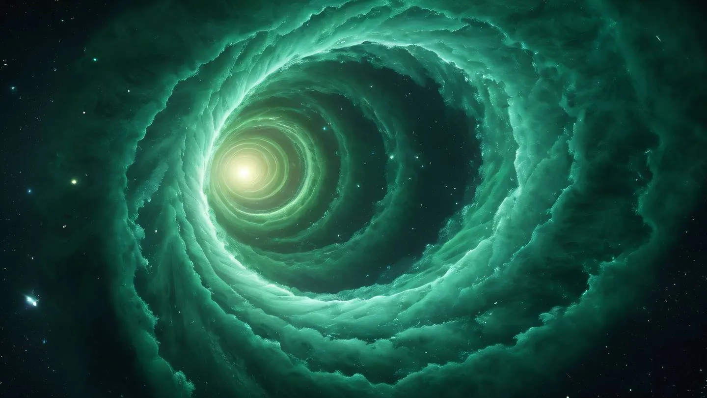 Abstract space art featuring geometric nebulas and celestial formations in sage and pine green colors dynamic spiral composition captured from a floating perspective high-quality ultra-realistic cinematic 8K UHD high resolution sharp and detail