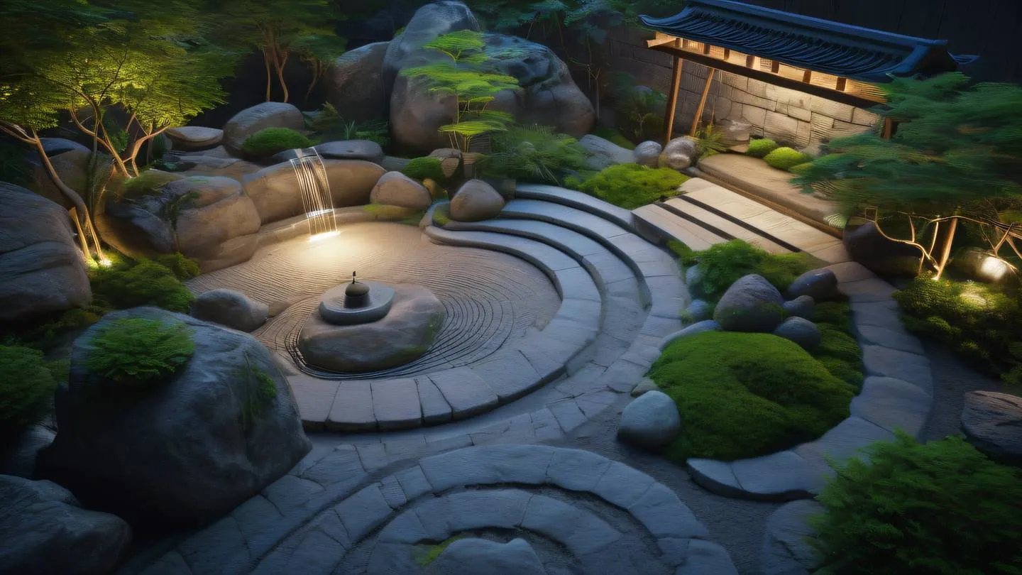 Peaceful zen garden layout with flowing patterns in neon colors against natural stone architectural top-down view showcasing harmony and balance high-quality ultra-realistic cinematic 8K UHD high resolution sharp and detail