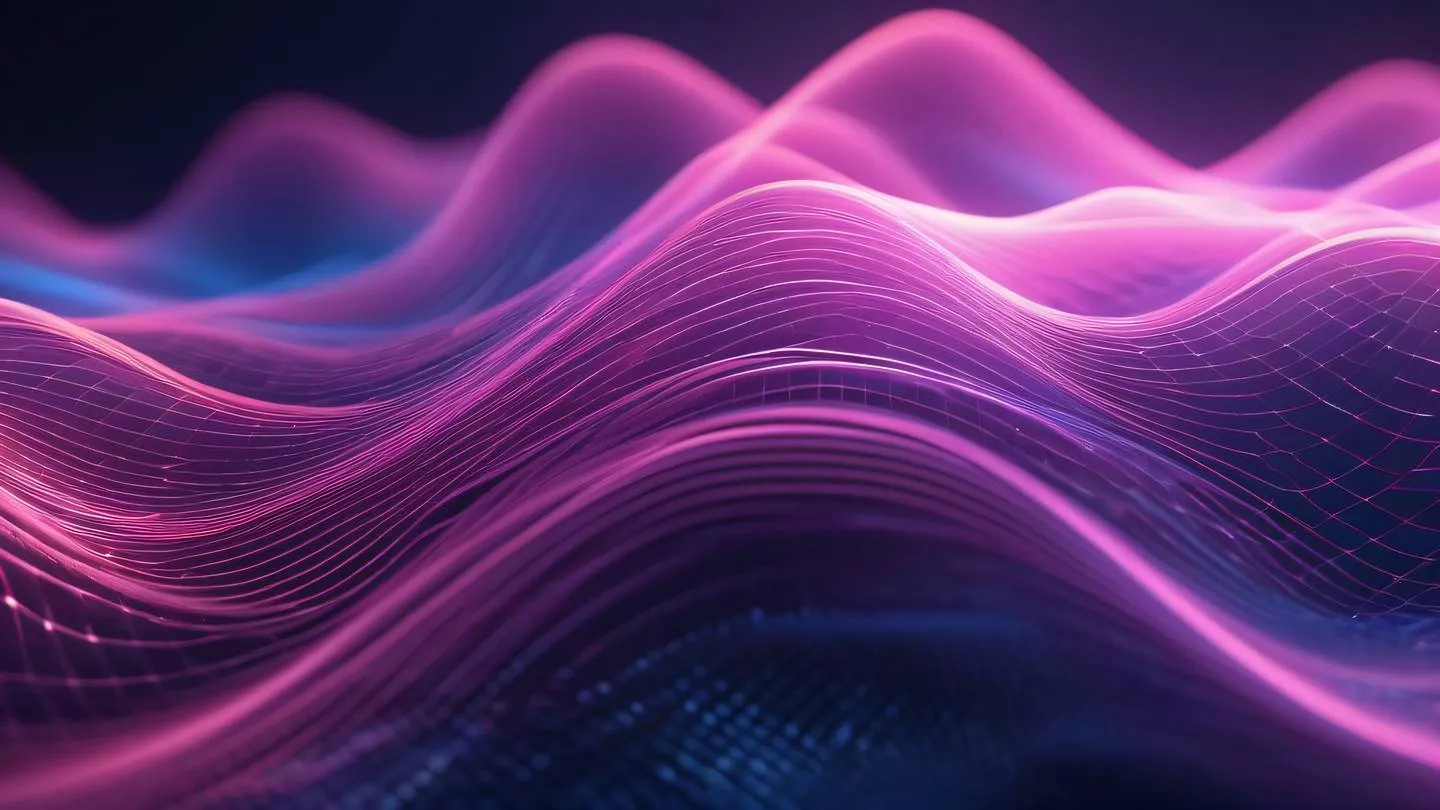 Abstract geometric pattern representing connectivity and web architecture overlapping translucent layers in holographic pink and indigo flowing digital waves merging together ultra-realistic cinematic 8K UHD high resolution sharp and detail