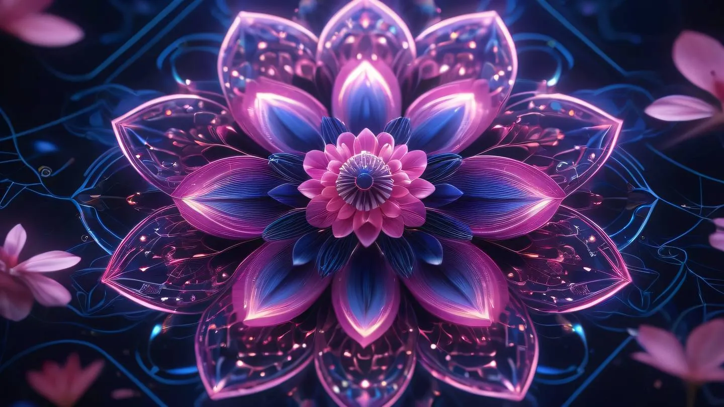 Elegant floral patterns morphing into digital circuits vibrant pink and indigo petals transforming into sacred geometry shapes ethereal glow with holographic elements high-quality ultra-realistic cinematic 8K UHD high resolution sharp and detail