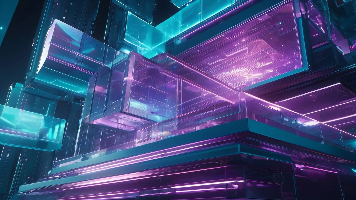 Abstract modern tech architecture with floating geometric shapes and panels iridescent color scheme with bright purples and teals swirling through crystalline structures high-quality ultra-realistic cinematic 8K UHD high resolution sharp and detail