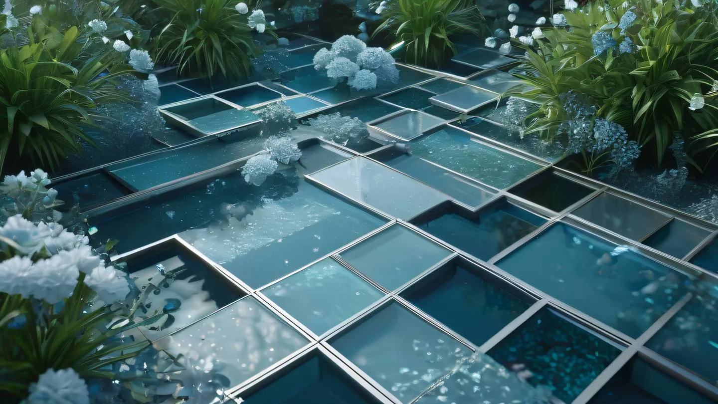 Floating geometric garden with crystalline flowers and plants zinc color palette with bright silver and metallic blue highlights geometric patterns flowing through organic shapes high-quality ultra-realistic cinematic 8K UHD high resolution sharp and detail