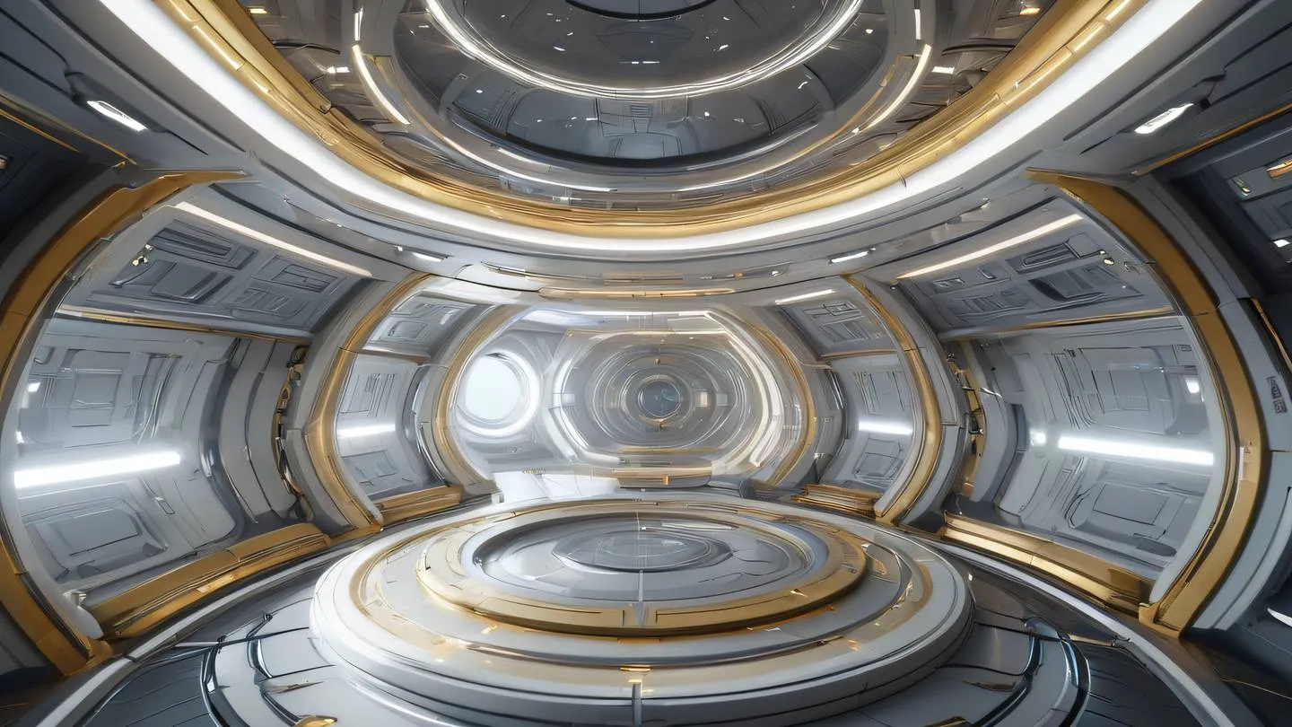 Abstract space station interior with flowing curves and geometric patterns neutral colors with bright accent highlights in gold and silver floating platforms and interconnected pathways high-quality ultra-realistic cinematic 8K UHD high resolution sharp and detail