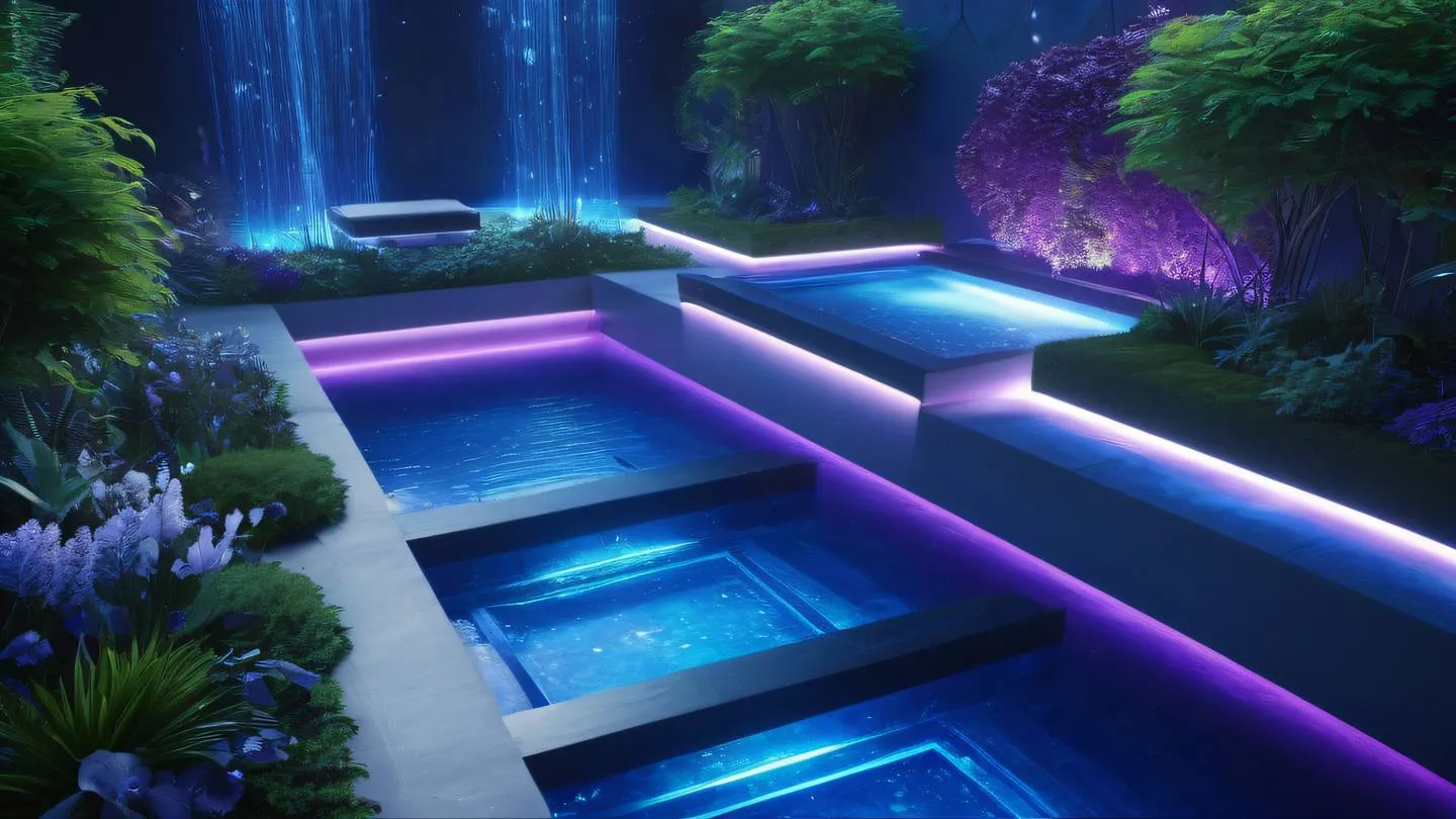 Futuristic garden terraces floating in space with geometric patterns and flowing water features indigo color palette with bright electric blue and purple highlights crystalline structures and organic shapes merging together high-quality ultra-realistic cinematic 8K UHD high resolution sharp and detail