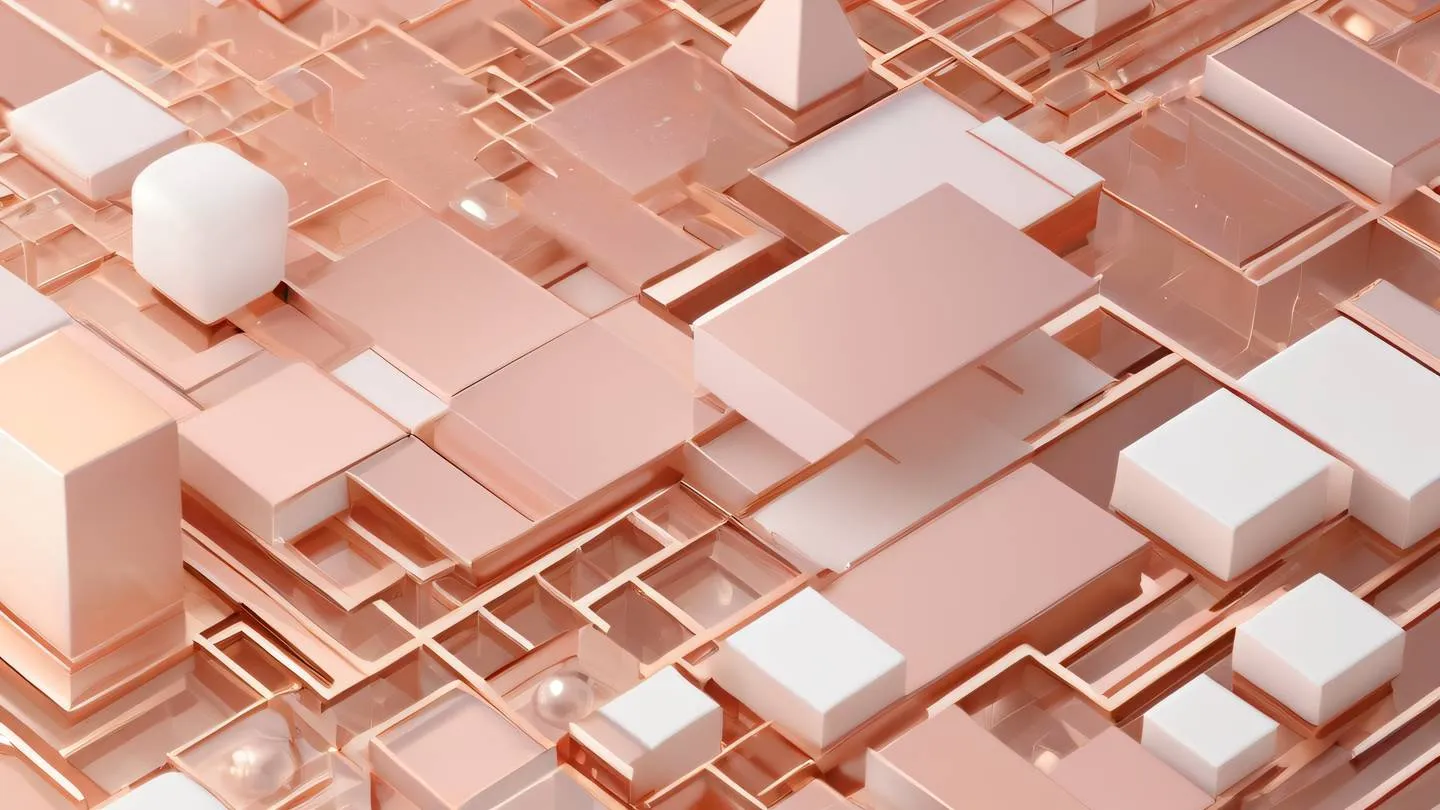 Abstract geometric pattern representing deployment architecture featuring floating crystalline shapes in shimmering rose gold and pearl white tones against a bright gradient background ultra-realistic cinematic 8K UHD high resolution sharp and detail