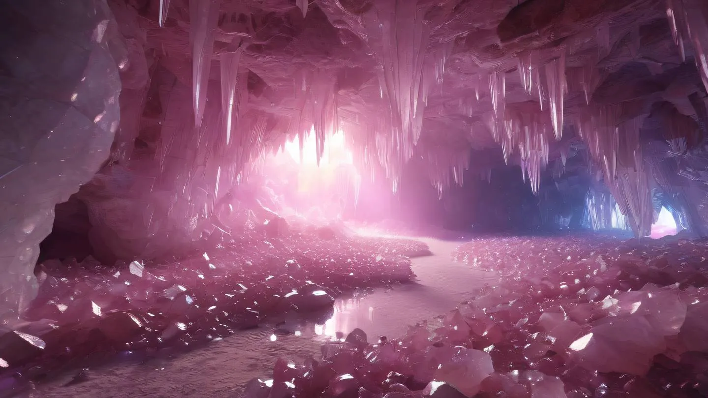 Crystal cave interior with intricate formations in bright rose quartz and clear crystal structures natural light streaming through creating rainbow refractions high-quality ultra-realistic cinematic 8K UHD high resolution sharp and detail