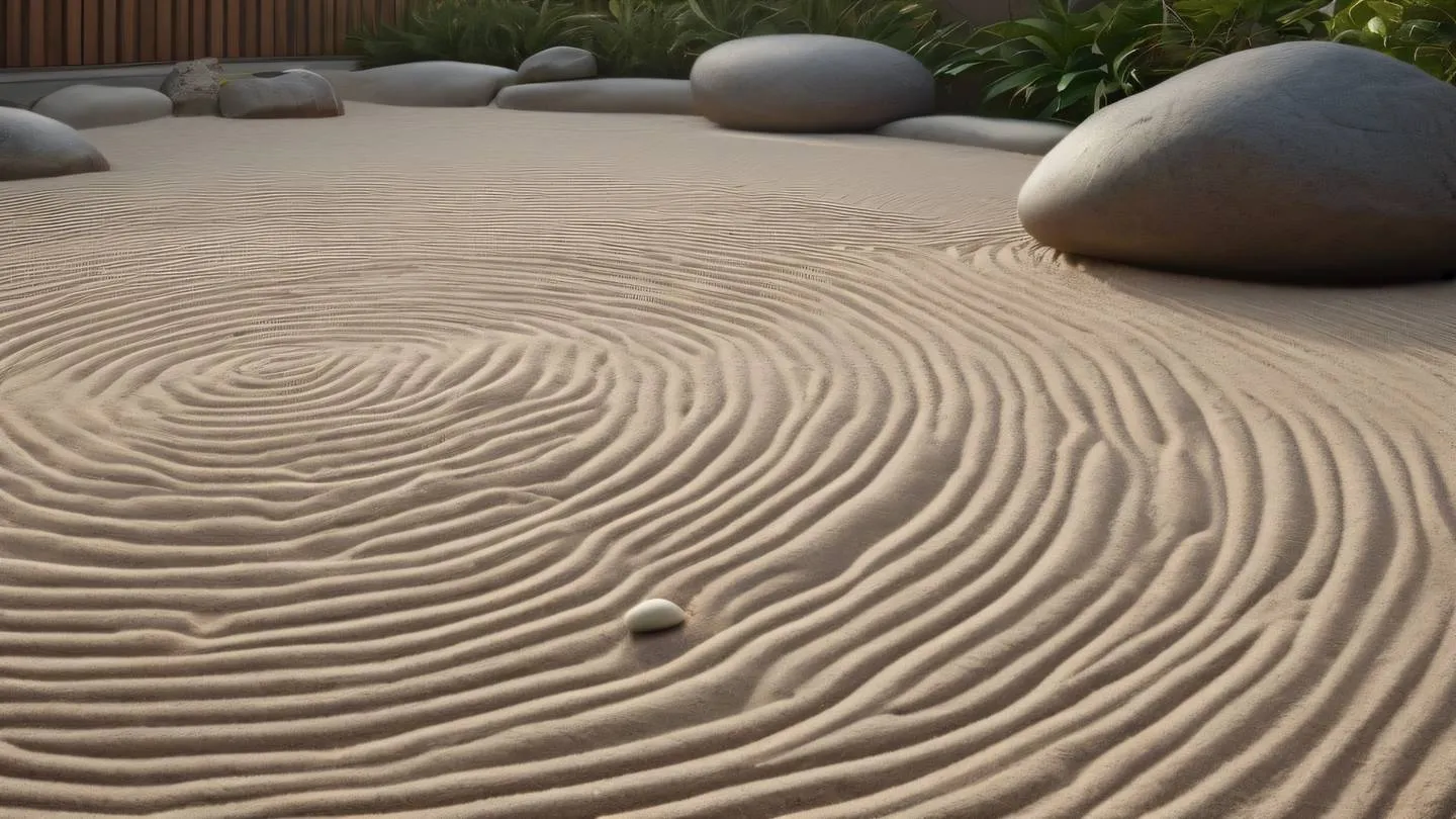 Peaceful zen garden with smooth stones and raked sand patterns in neutral tones with touches of rose gold morning light creating soft shadows high-quality ultra-realistic cinematic 8K UHD high resolution sharp and detail