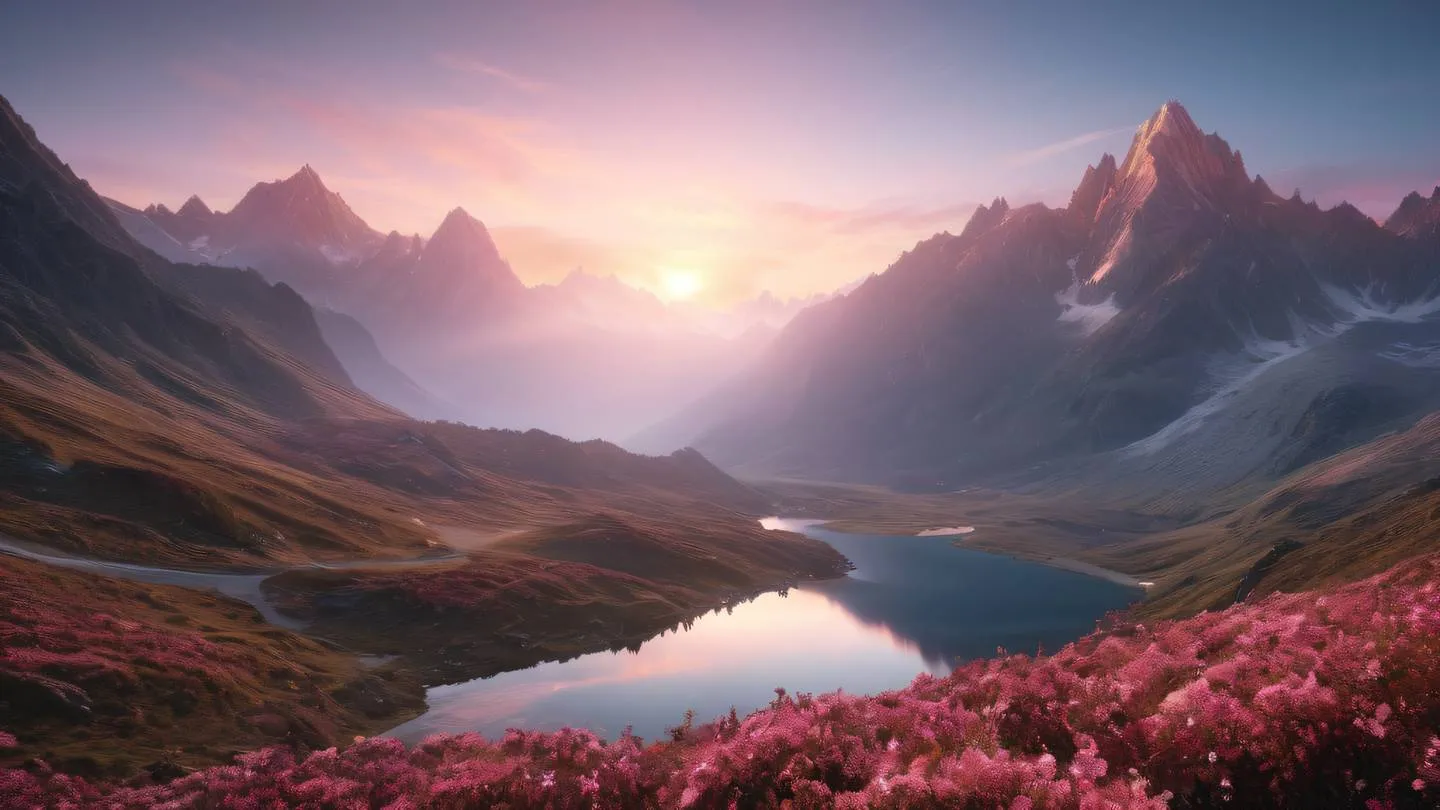 Ethereal mountain landscape at sunrise with layers of peaks in shimmering rose and gold hues misty valleys with crystal-clear lakes reflecting the sky high-quality ultra-realistic cinematic 8K UHD high resolution sharp and detail