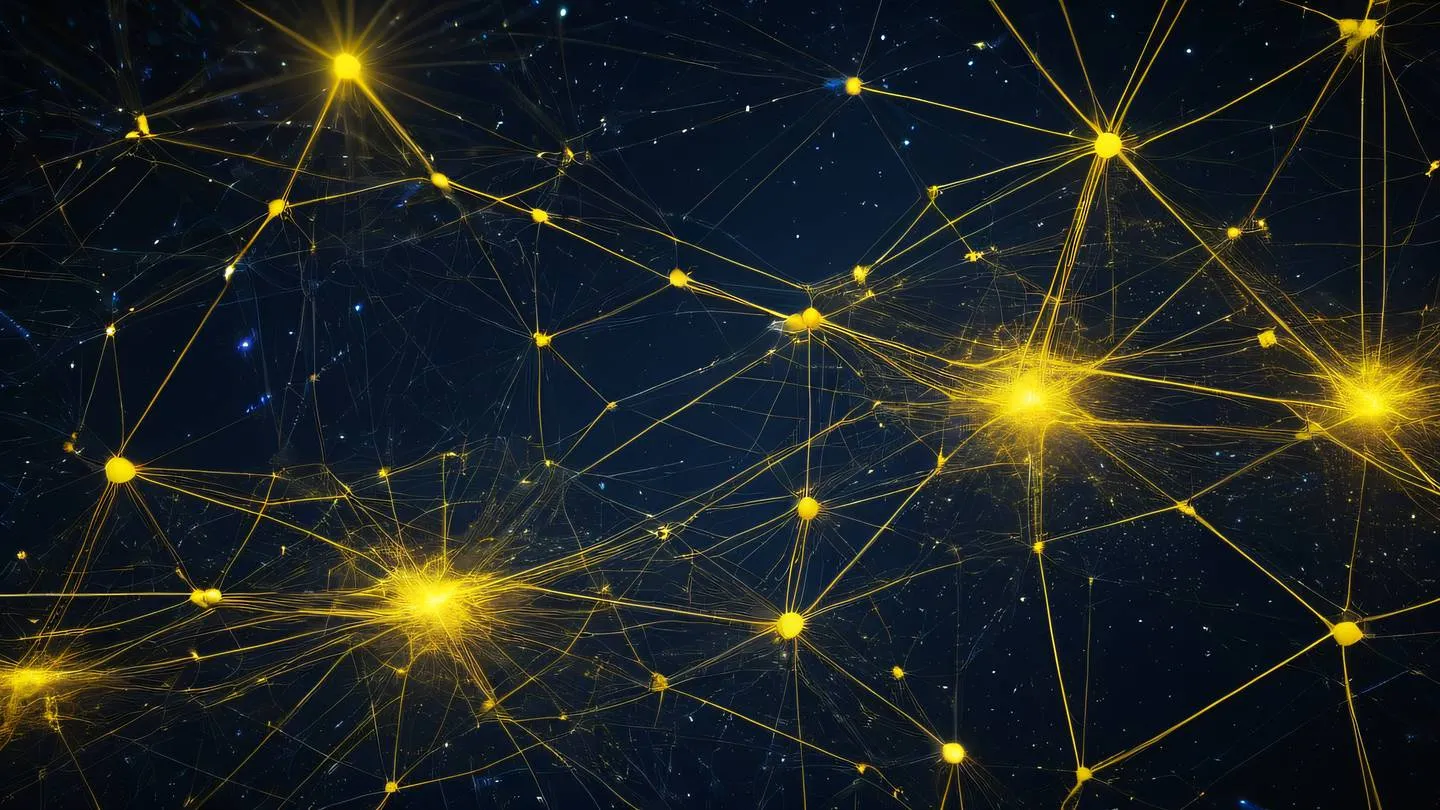 Abstract geometric network paths in bright yellow and indigo interconnected nodes forming a dynamic mesh pattern against a deep space background high-quality ultra-realistic cinematic 8K UHD high resolution sharp and detail