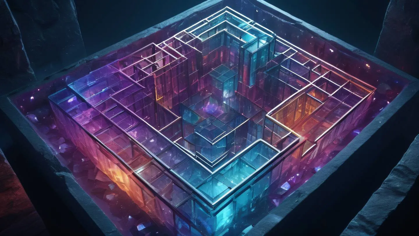 Futuristic crystal maze in gemstone colors with paths branching in multiple directions glowing with internal light geometric patterns reflecting infinite possibilities high-quality ultra-realistic cinematic 8K UHD high resolution sharp and detail