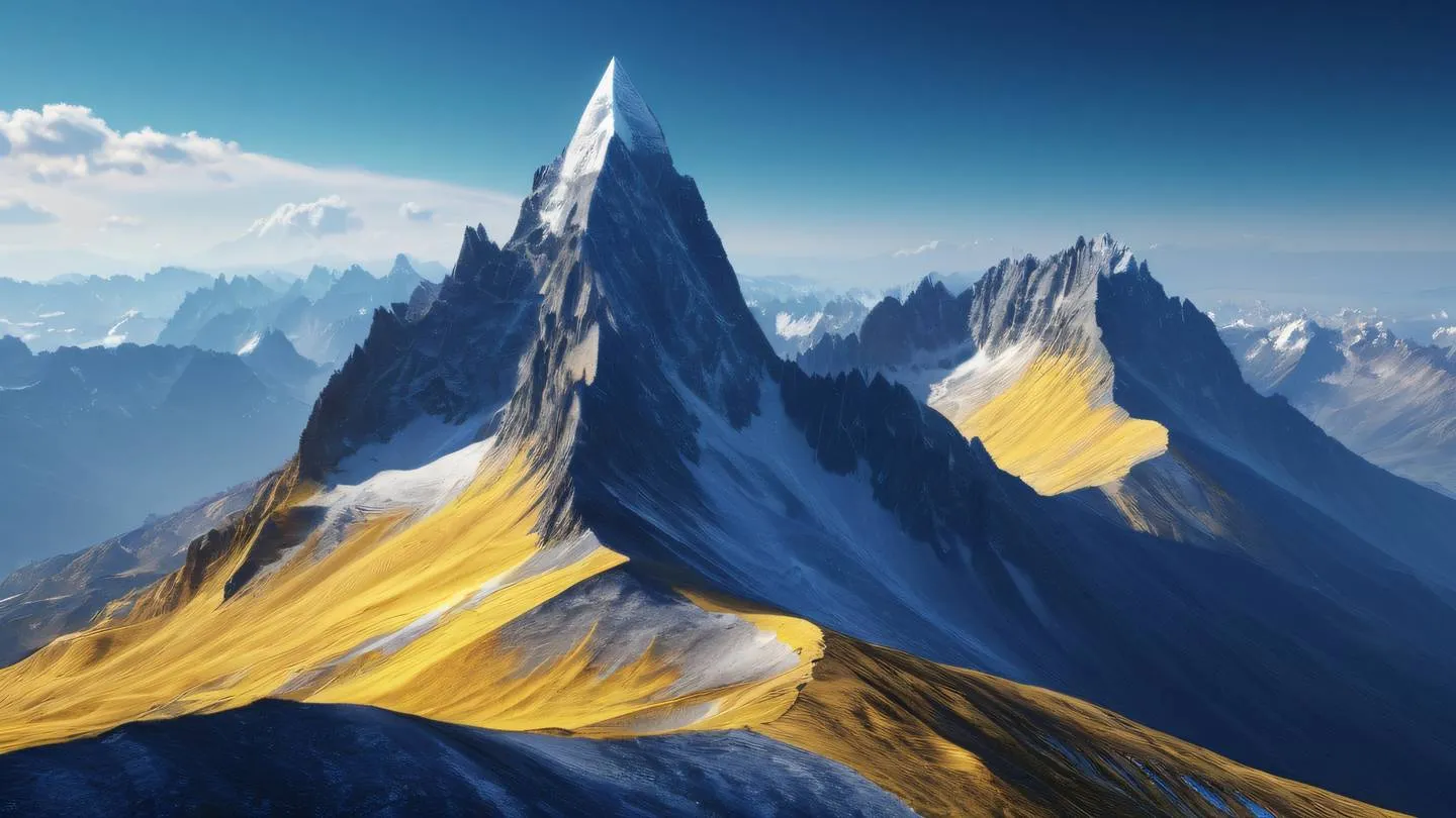 Crystalline mountain peaks in bright indigo and yellow with geometric patterns forming paths through the peaks abstract angular clouds drifting between summits high-quality ultra-realistic cinematic 8K UHD high resolution sharp and detail