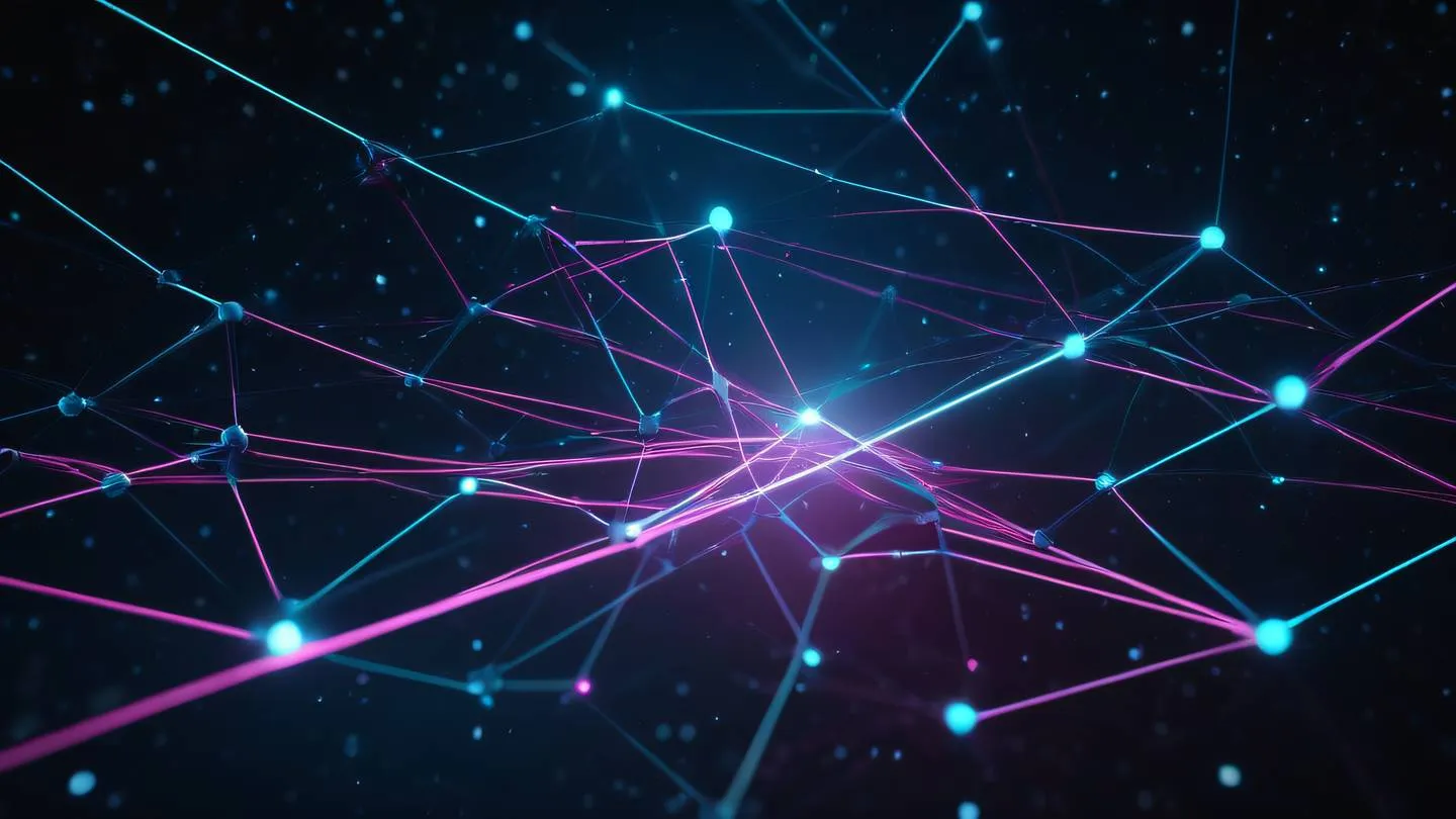 Geometric network nodes connected by glowing pink and cyan lines floating in space representing data connectivity high-quality ultra-realistic cinematic 8K UHD high resolution sharp and detail