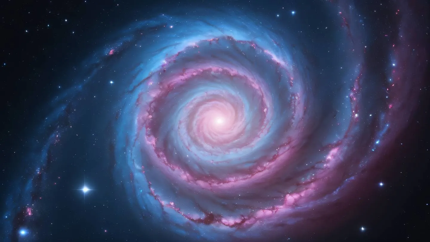 Spiral galaxy formation in bright sky blue and pink colors symbolizing infinite data flow and connectivity high-quality ultra-realistic cinematic 8K UHD high resolution sharp and detail