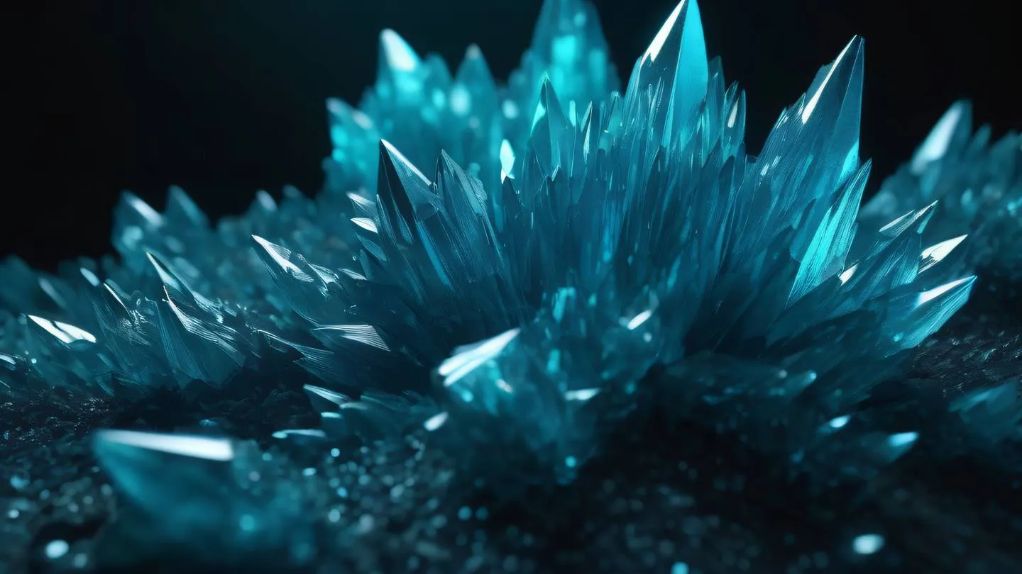 Crystalline formations in iridescent and cyan colors emerging from darkness representing data transformation and growth high-quality ultra-realistic cinematic 8K UHD high resolution sharp and detail