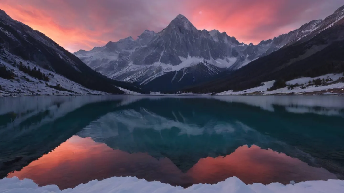 Pristine mountain peaks reflecting in a crystal-clear alpine lake with bright ruby-red sunset clouds casting warm glows on snow high-quality ultra-realistic cinematic 8K UHD high resolution sharp and detail