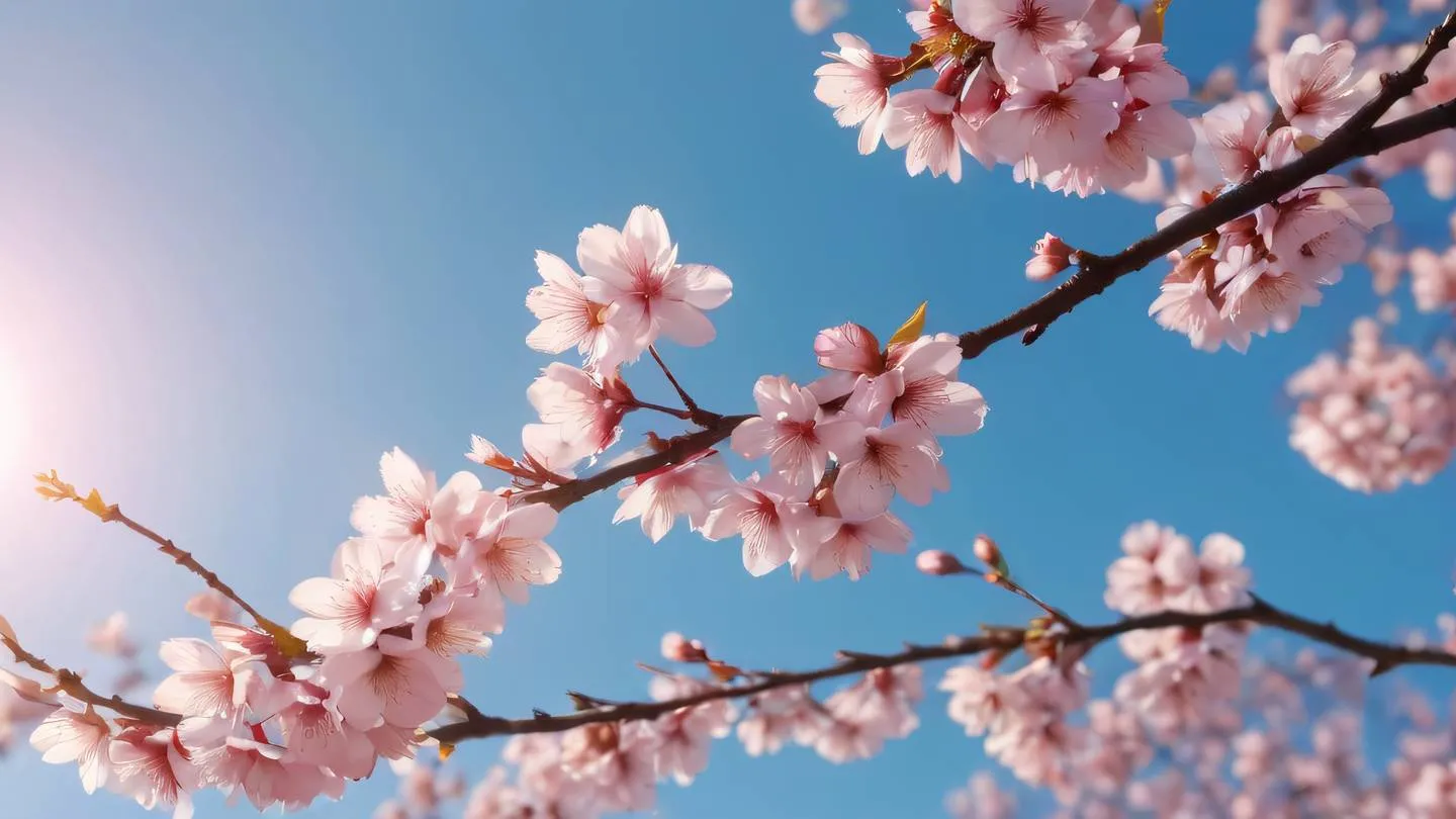 Blooming cherry blossom branches against a bright blue sky with delicate pink petals catching golden sunlight creating an ethereal atmosphere high-quality ultra-realistic cinematic 8K UHD high resolution sharp and detail