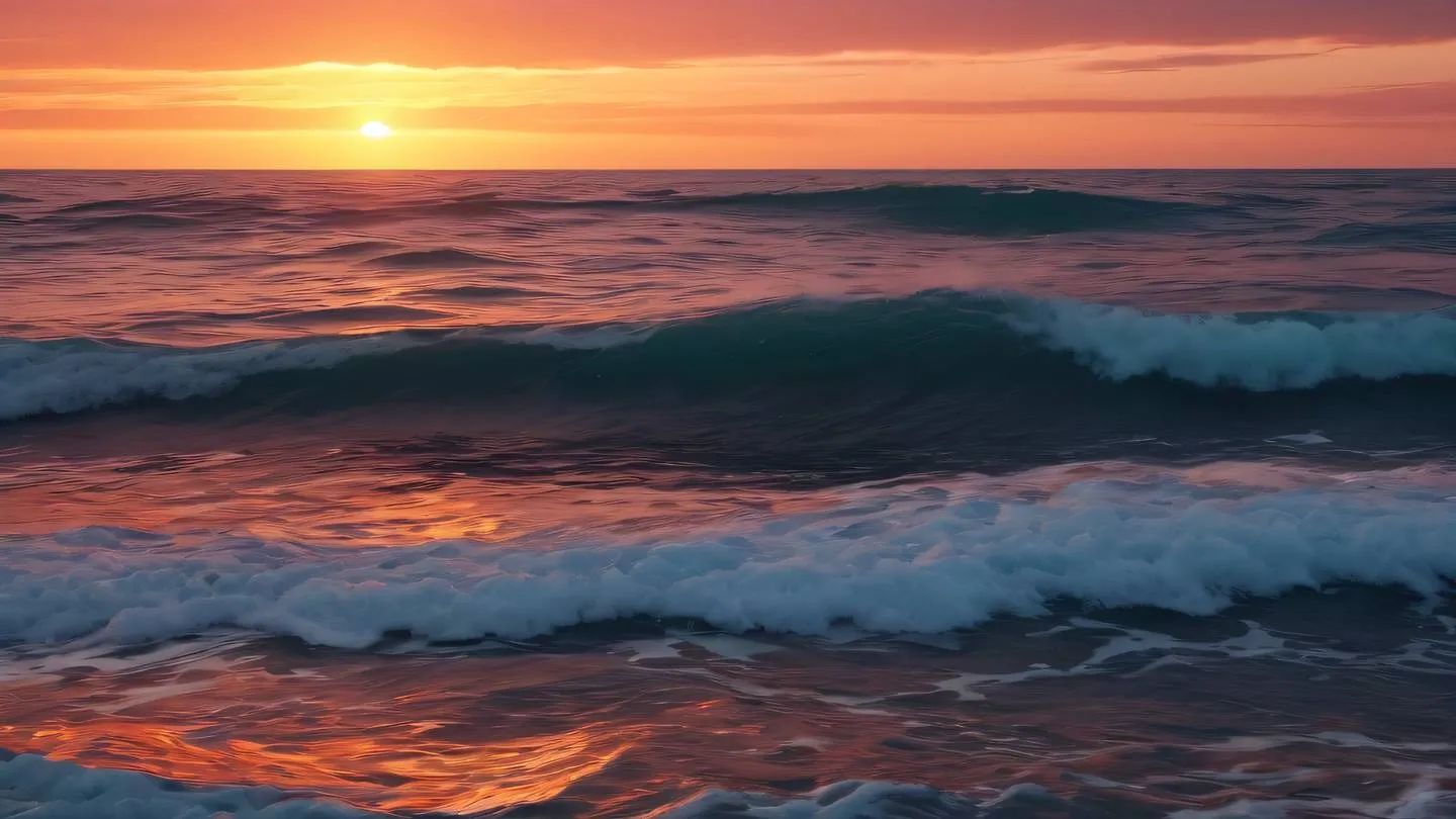 Dramatic ocean waves at sunset with vibrant orange and pink sky reflecting on water surface creating dynamic patterns of light and motion high-quality ultra-realistic cinematic 8K UHD high resolution sharp and detail