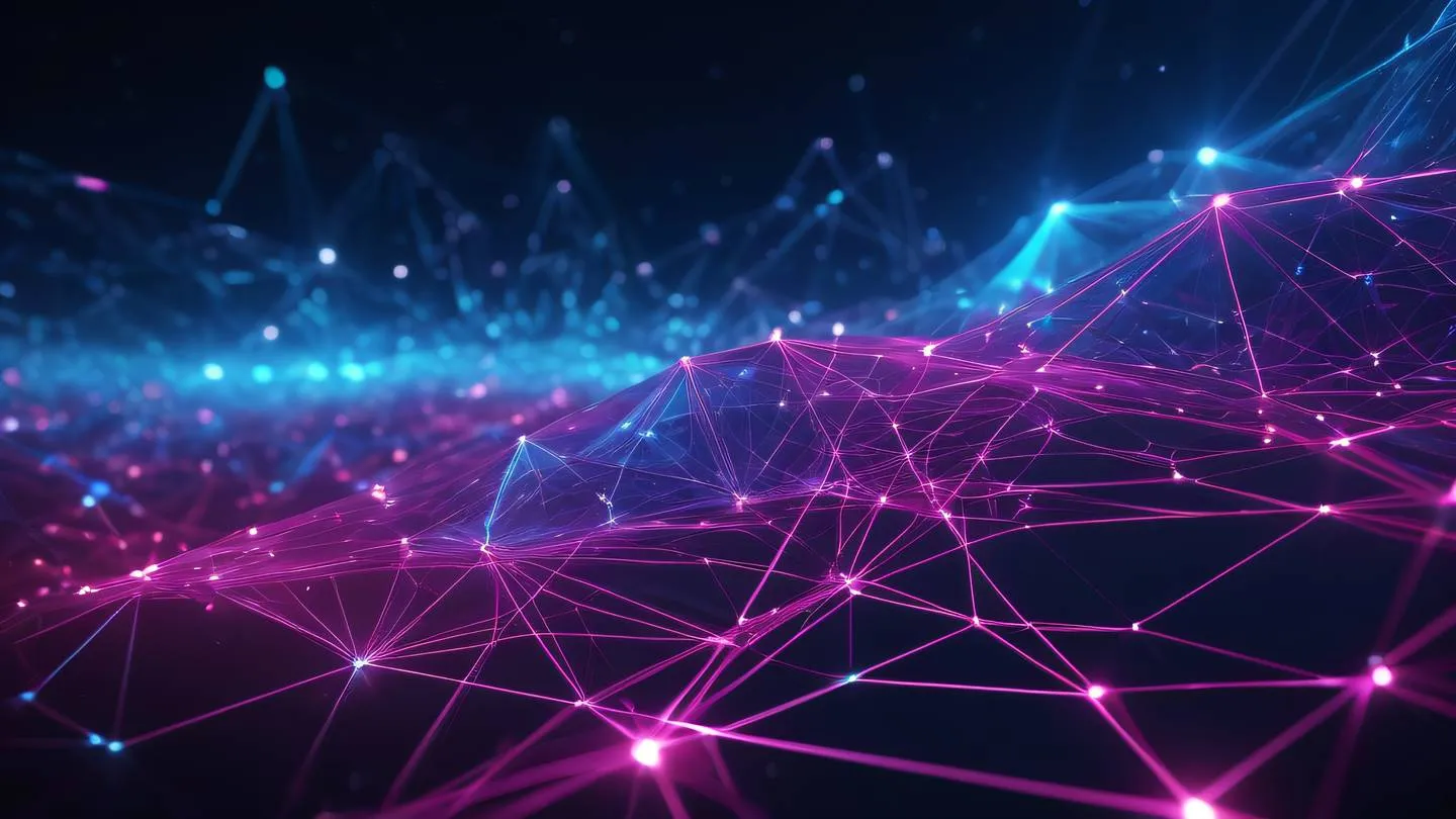 Abstract digital network nodes with flowing data streams crystalline geometric shapes interconnected by glowing energy paths dominant fuchsia and electric blue colors high-quality ultra-realistic cinematic 8K UHD high resolution sharp and detail