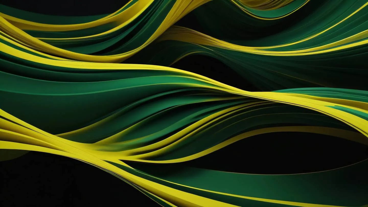 Fluid abstract waves morphing into geometric patterns flowing ribbons of bright mustard yellow intertwined with vibrant green streaks against a dark background high-quality ultra-realistic cinematic 8K UHD high resolution sharp and detail