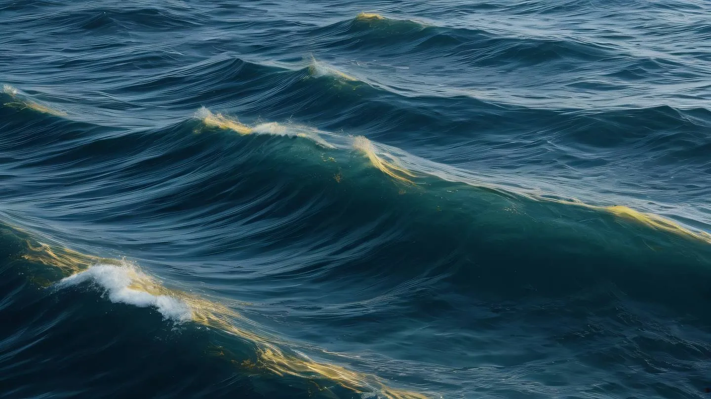 Abstract ocean waves forming crystalline patterns deep gray-blue waters transforming into geometric shapes with touches of bright mustard accents high-quality ultra-realistic cinematic 8K UHD high resolution sharp and detail