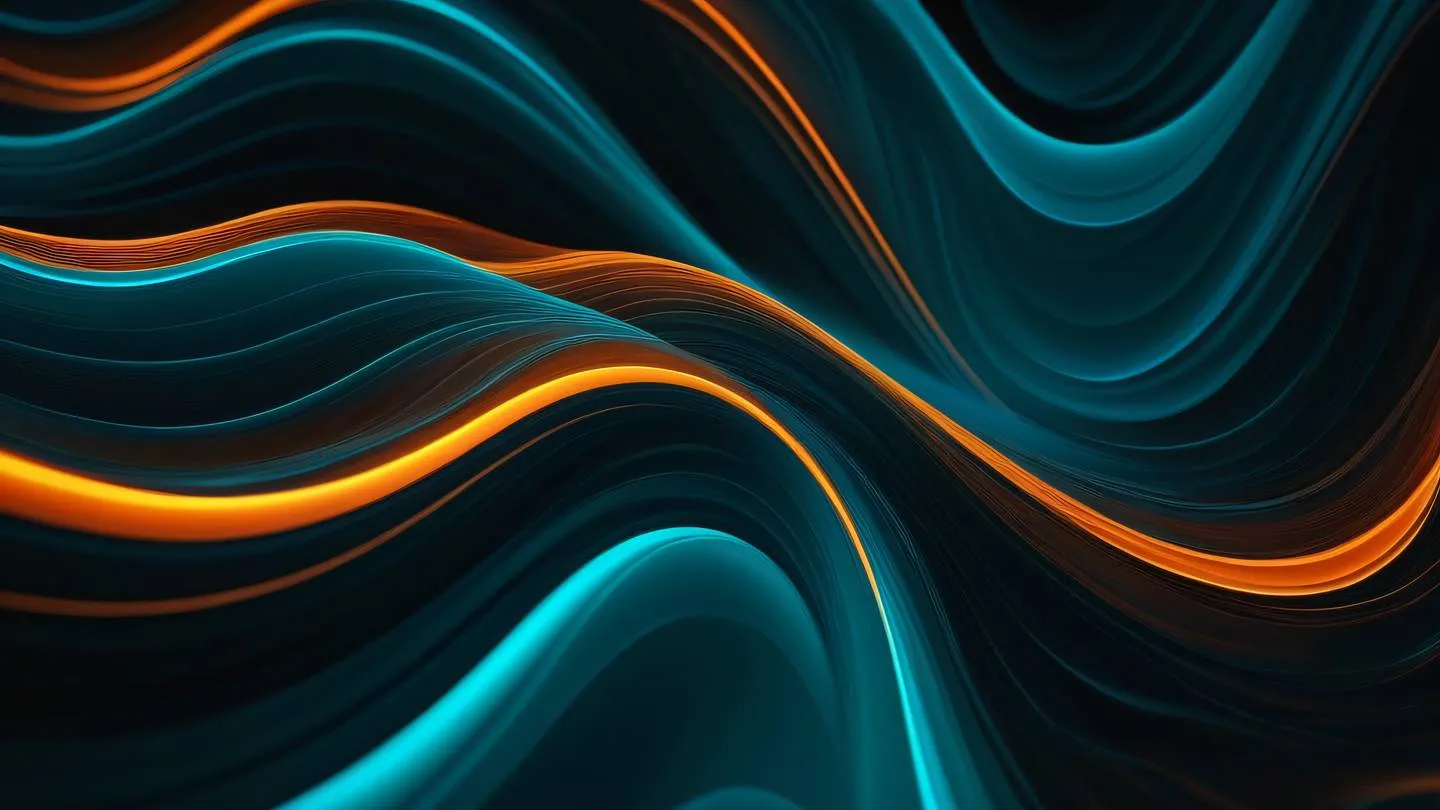 Abstract flowing waves of cyan and orange energy intertwining in a dynamic pattern against a dark background ultra-realistic cinematic 8K UHD high resolution sharp and detail