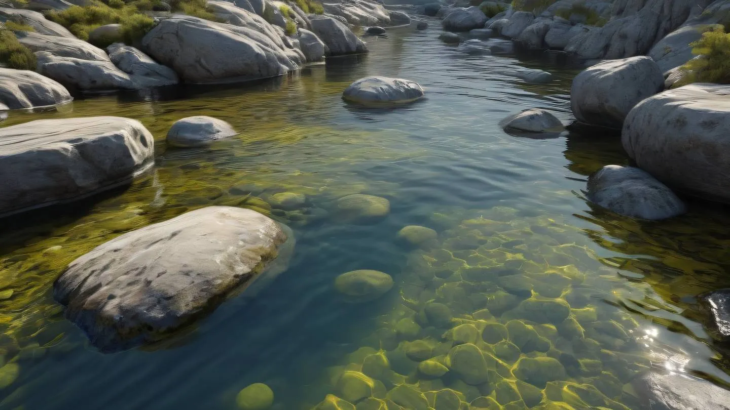 Smooth rippling water surface with bright yellow and zinc reflections surrounded by natural rocks high-quality ultra-realistic cinematic 8K UHD high resolution sharp and detail