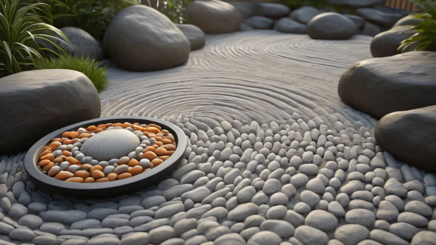 Peaceful zen garden with smooth orange and zinc colored stones arranged in rippling patterns high-quality ultra-realistic cinematic 8K UHD high resolution sharp and detail