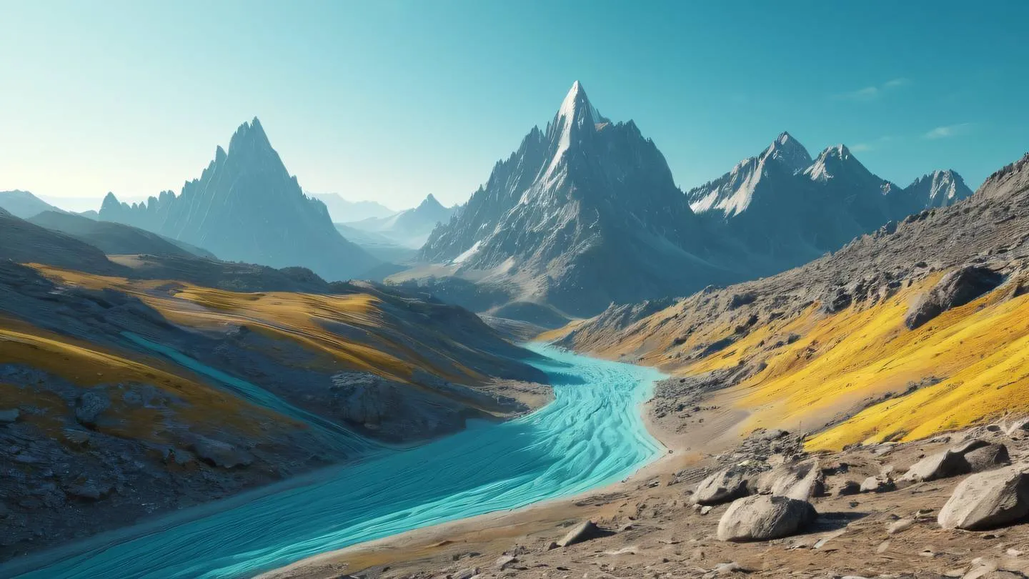 Abstract mountainous landscape with flowing cyan and yellow gradients in the sky rocky terrain with geometric patterns high-quality ultra-realistic cinematic 8K UHD high resolution sharp and detail