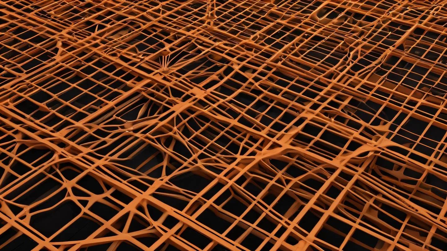 Abstract geometric composition with interconnected modular shapes and patterns featuring bright orange sand and black colors forming a fluid network structure shot from top-down perspective high-quality ultra-realistic cinematic 8K UHD high resolution sharp and detail