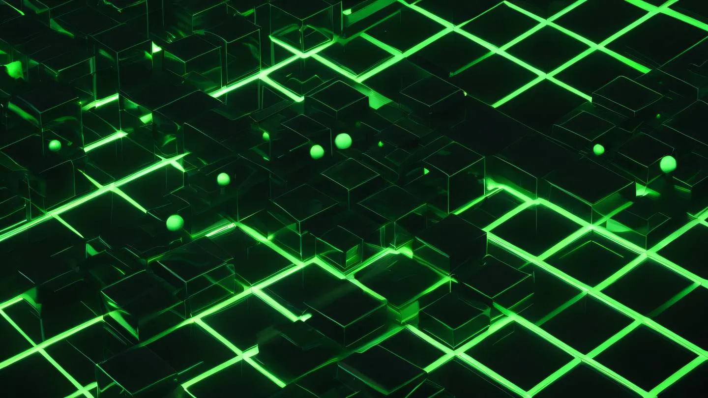 Minimalist geometric abstract showing floating cubes and spheres arranged in a structured grid pattern featuring bright green and black colors with subtle light reflections shot from a 45-degree angle high-quality ultra-realistic cinematic 8K UHD high resolution sharp and detail