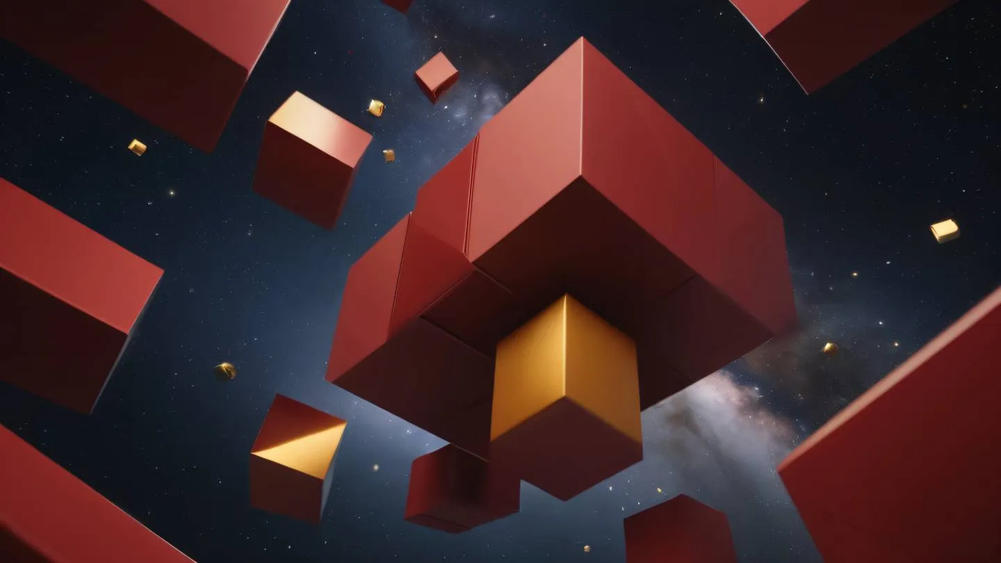 Dynamic abstract composition showing interlocking perfect red and ochre colored geometric shapes with grapeseed accents floating in space photographed from a dramatic low angle perspective high-quality ultra-realistic cinematic 8K UHD high resolution sharp and detail