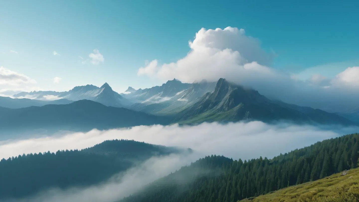 A serene mountain landscape with morning fog rolling through valleys featuring metallic silver clouds against bright turquoise sky captured from a low angle perspective high-quality ultra-realistic cinematic 8K UHD high resolution sharp and detail