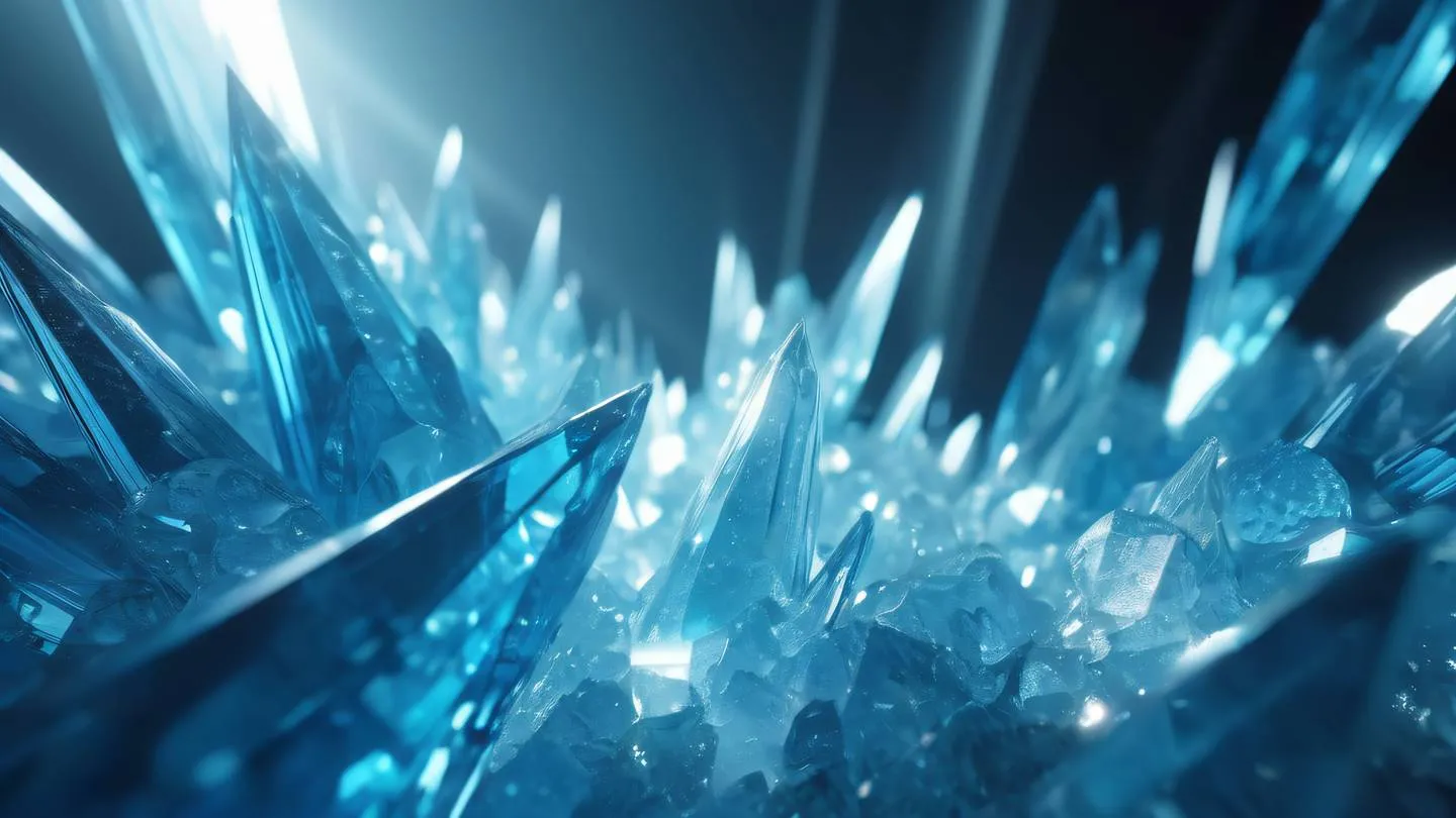 Abstract light rays streaming through geometric crystal formations with bright azure blue and white colors creating a sense of depth and movement shot from a diagonal angle high-quality ultra-realistic cinematic 8K UHD high resolution sharp and detail