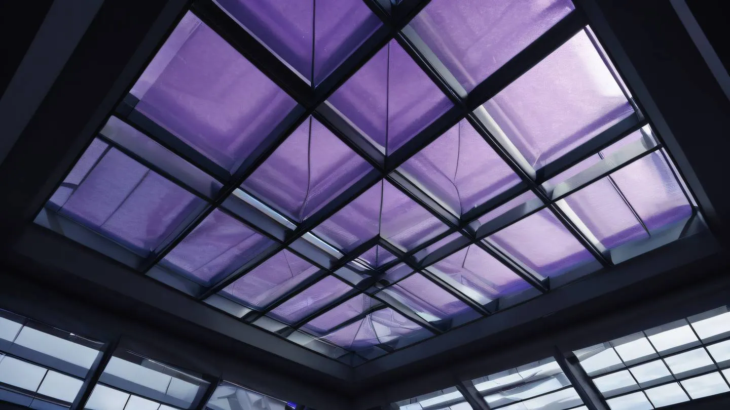 Light streaming through a geometric glass ceiling structure creating intricate shadow patterns featuring amethyst and black tones with bright highlights shot from a straight-up perspective high-quality ultra-realistic cinematic 8K UHD high resolution sharp and detail