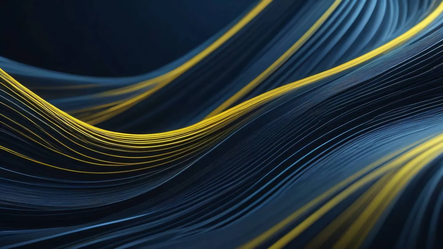 Abstract flowing lines representing data streams and network paths with bright zinc metallic surfaces and canary yellow highlights flowing in smooth curves against deep navy background captured from top-down perspective high-quality ultra-realistic cinematic 8K UHD high resolution sharp and detail