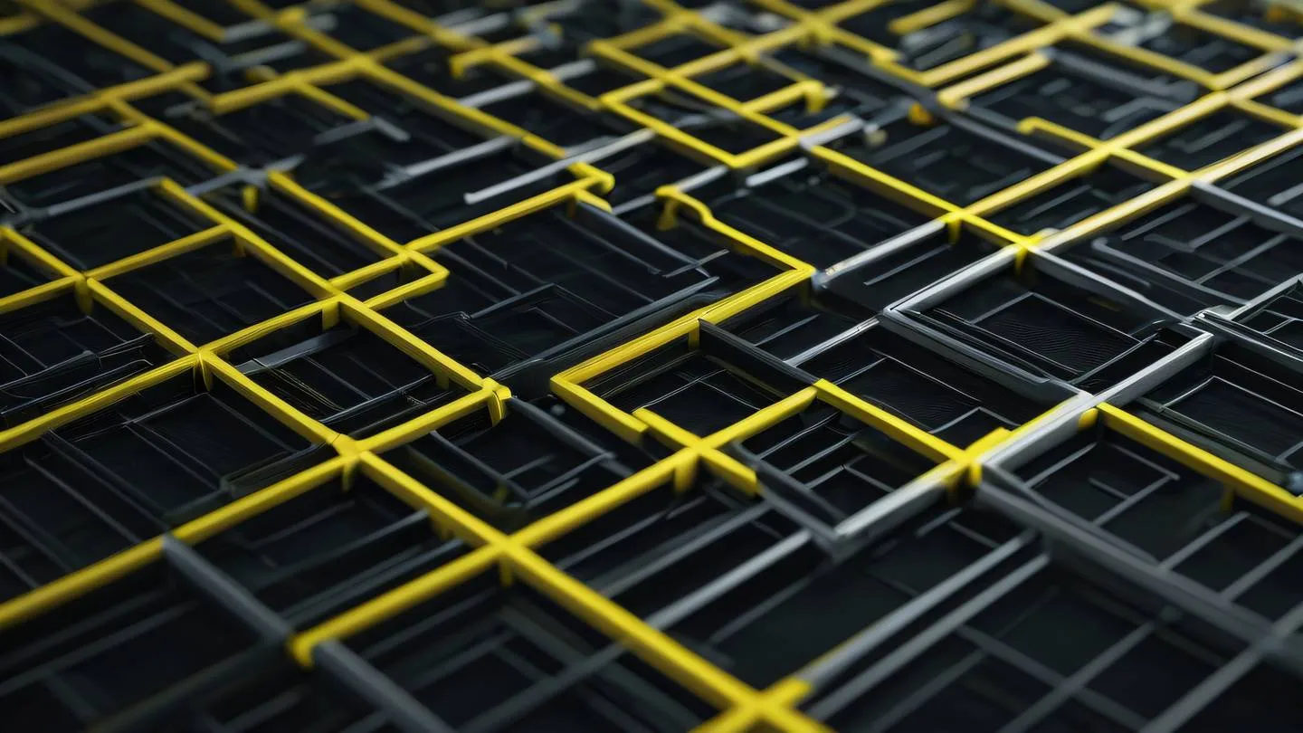 Geometric patterns of interconnected nodes and paths rendered in bright canary yellow and cool zinc tones against off-black background shot from isometric angle high-quality ultra-realistic cinematic 8K UHD high resolution sharp and detail